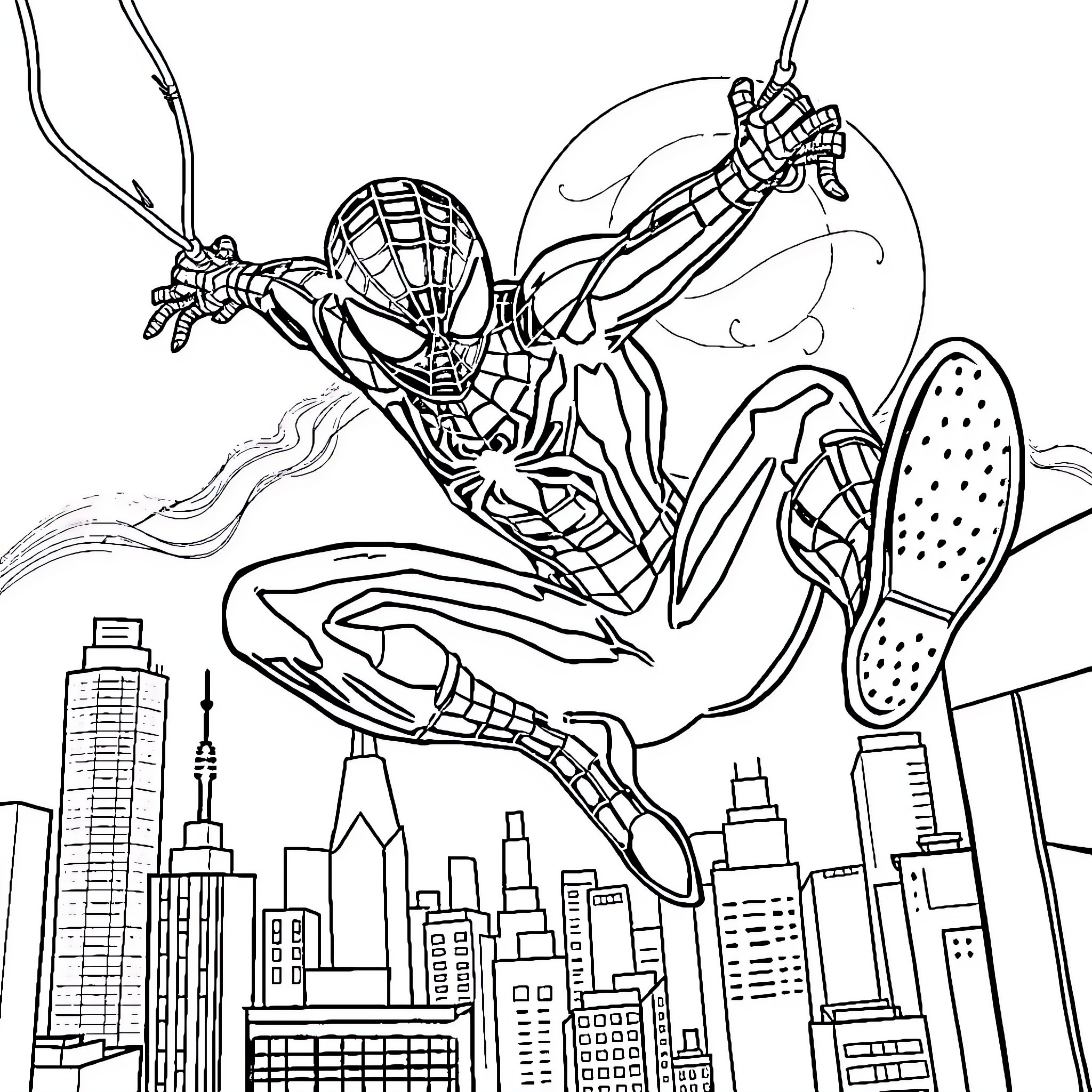 Spider-Man swinging through the city skyline Coloring Page (free black-and-white line drawing printable PDF for all, from beginners to advanced learners, including children, teens, adults, and seniors)