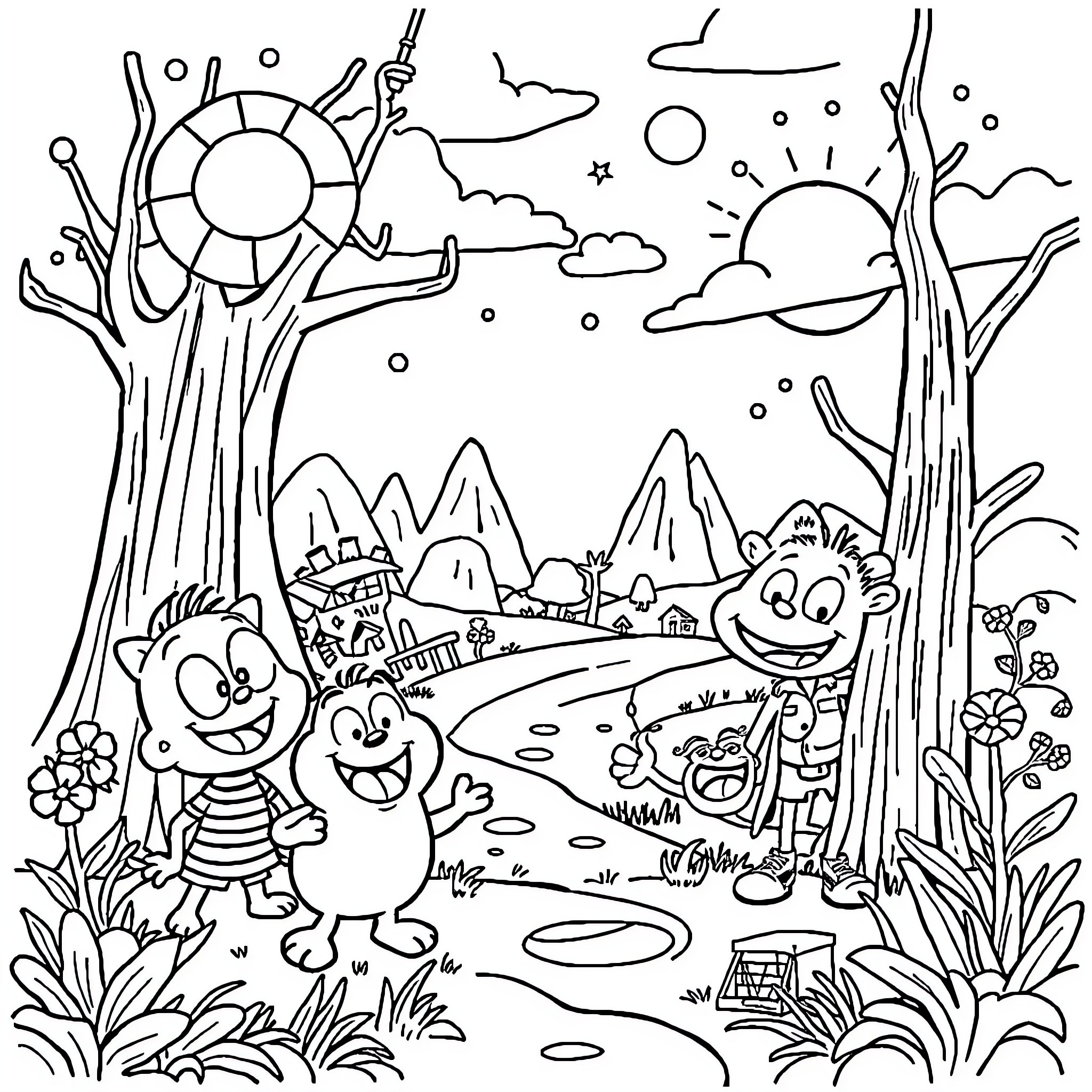 Cartoon characters explore whimsical nature landscape Coloring Page (free black-and-white line drawing printable PDF for all, from beginners to advanced learners, including children, teens, adults, and seniors)