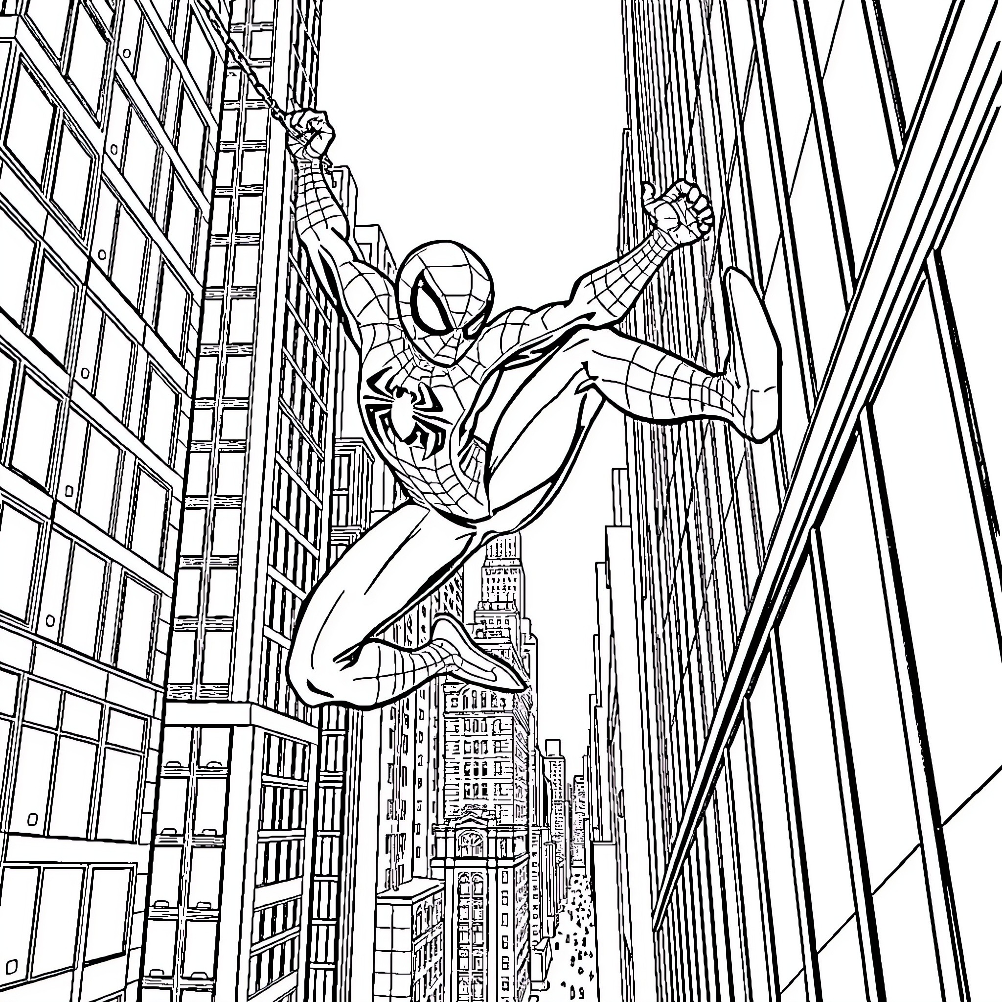 Spider-Man swinging through the city skyline Coloring Page (free black-and-white line drawing printable PDF for all, from beginners to advanced learners, including children, teens, adults, and seniors)