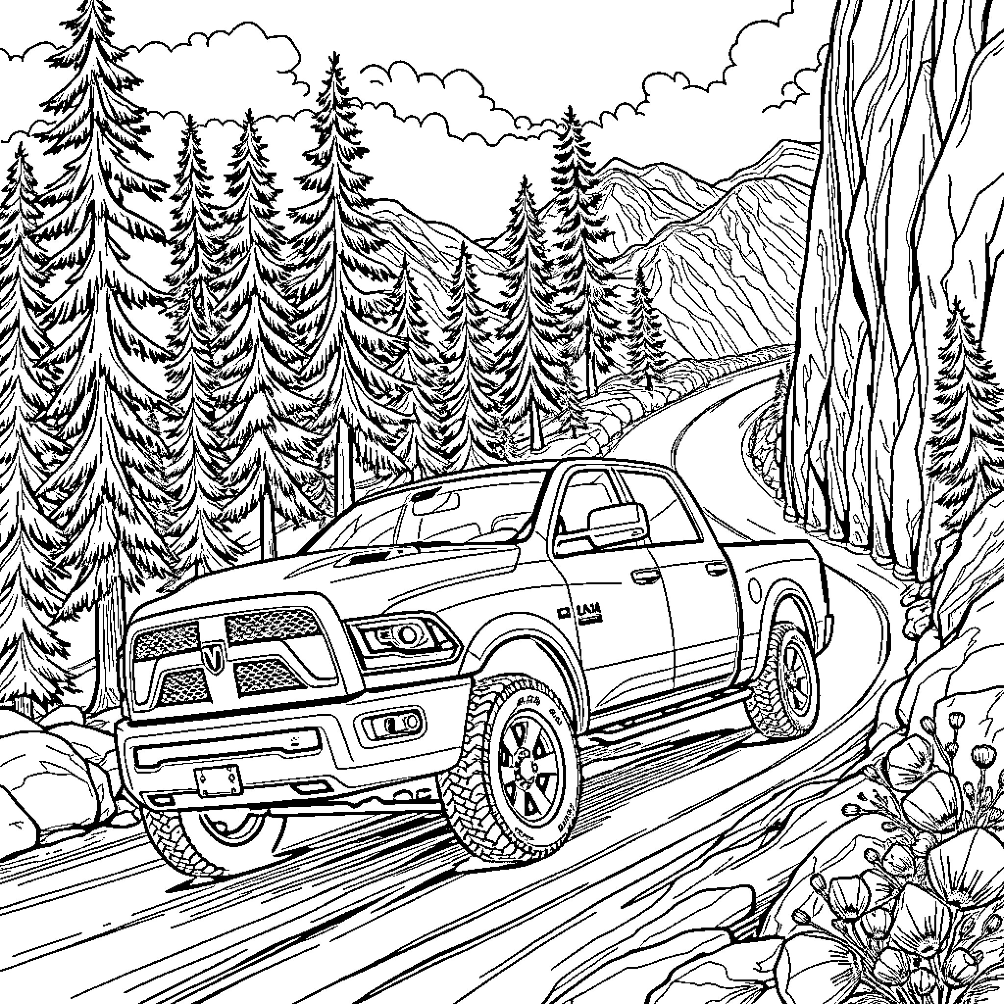 Dodge Ram traversing rugged mountain terrain Coloring Page (free black-and-white line drawing printable PDF for all, from beginners to advanced learners, including children, teens, adults, and seniors)