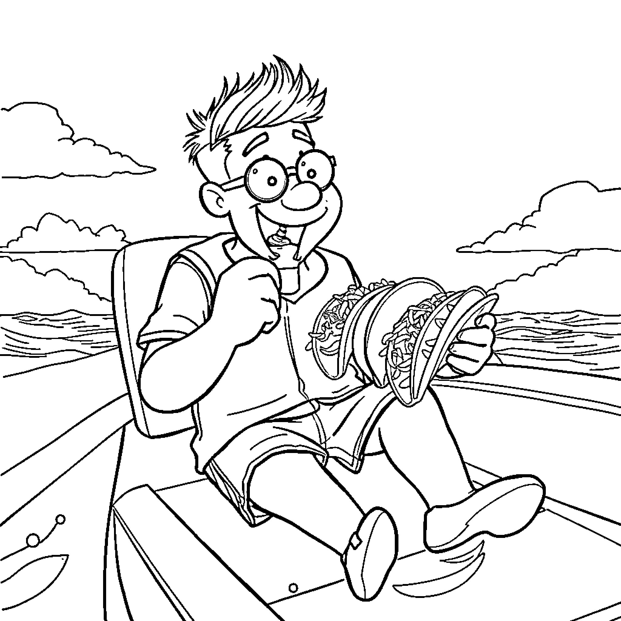 John Doering-White enjoying a tasty snack on the beach Coloring Page (free black-and-white line drawing printable PDF for all, from beginners to advanced learners, including children, teens, adults, and seniors)