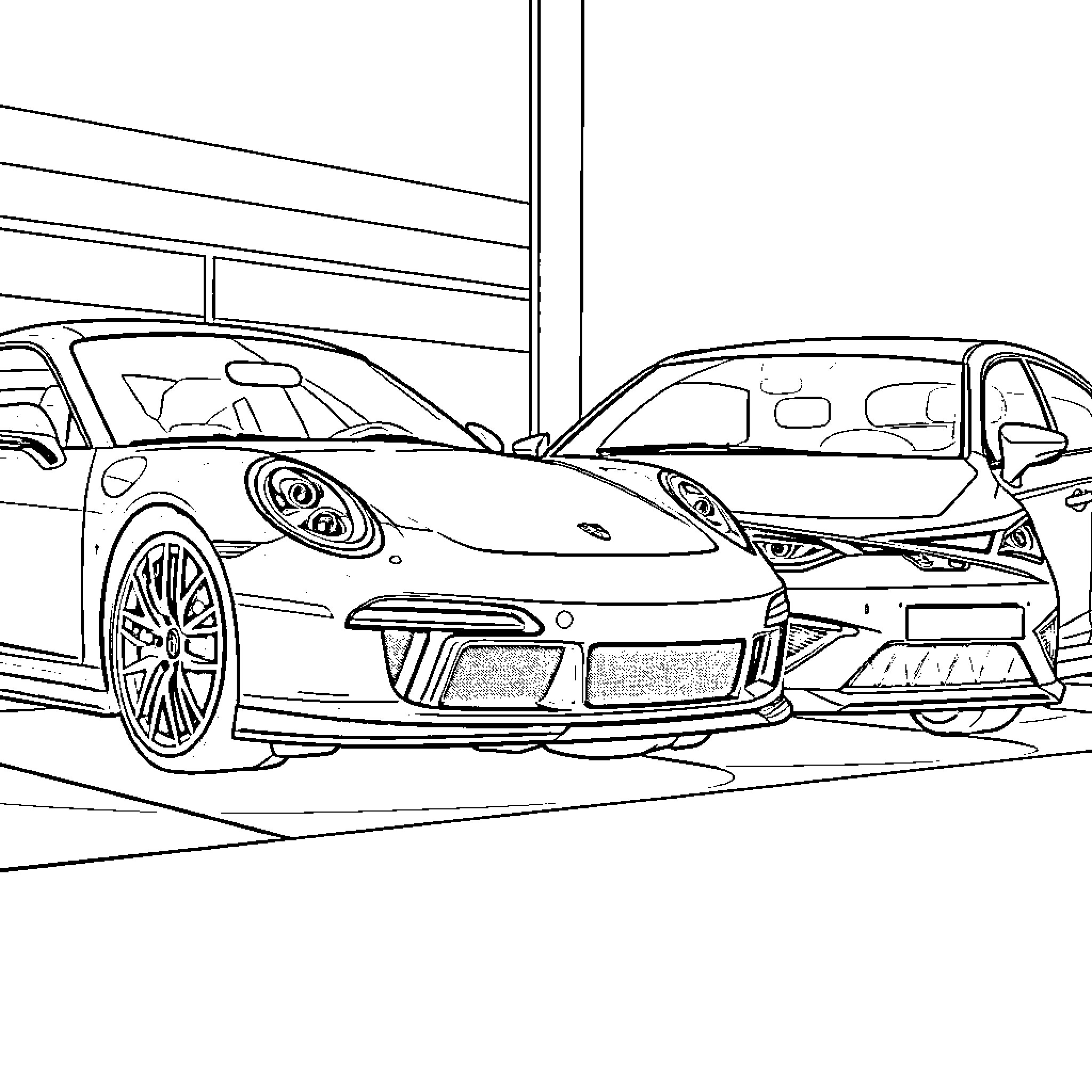 Porsche sports cars parked in showroom Coloring Page (free black-and-white line drawing printable PDF for all, from beginners to advanced learners, including children, teens, adults, and seniors)