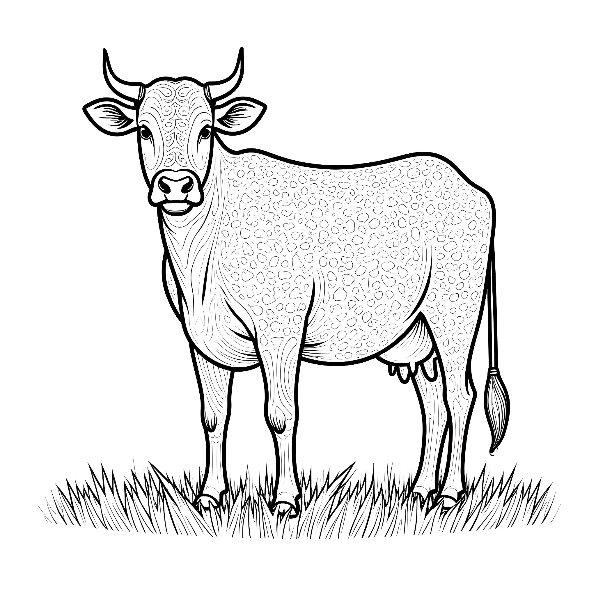 Cow standing in the field Coloring Page (free black-and-white line drawing printable PDF for all, from beginners to advanced learners, including children, teens, adults, and seniors)