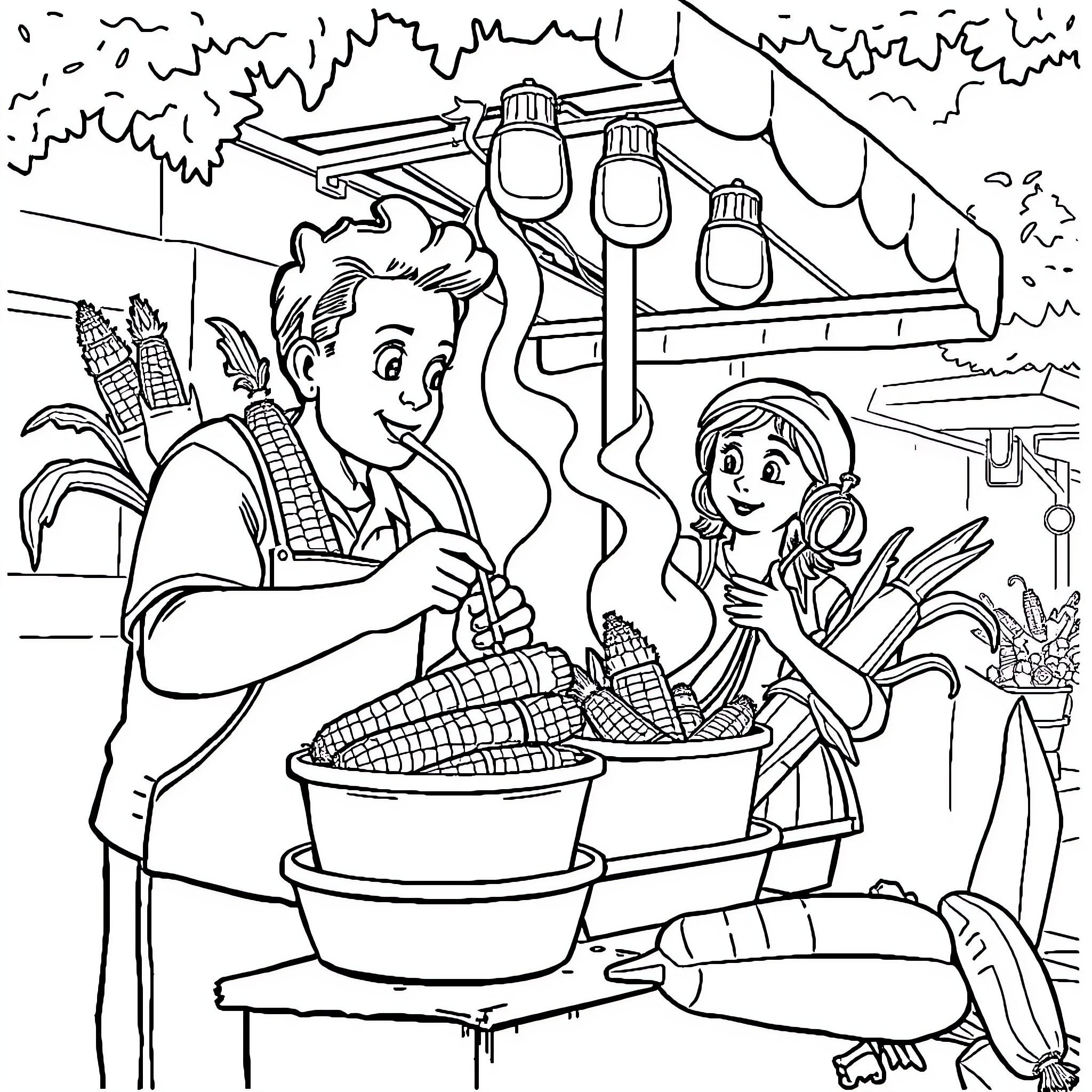 Elote Vendor Serving Customers at Market Coloring Page (free black-and-white line drawing printable PDF for all, from beginners to advanced learners, including children, teens, adults, and seniors)