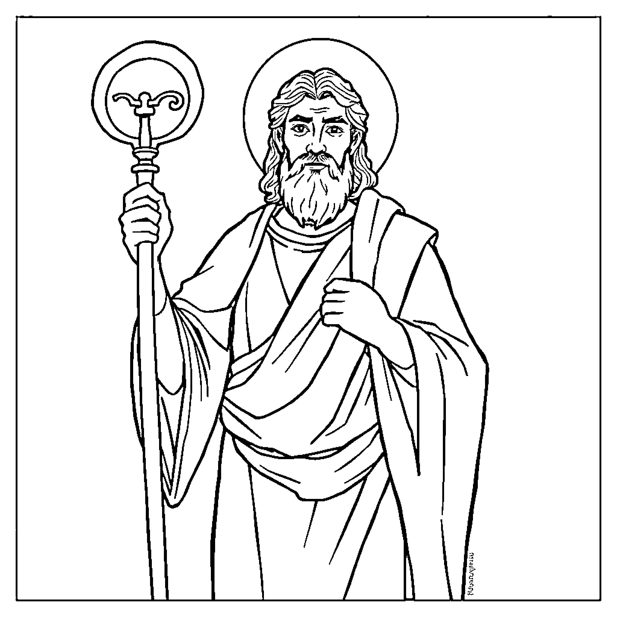 Saint Joshua Holding a Scepter in Religious Robes Coloring Page (free black-and-white line drawing printable PDF for all, from beginners to advanced learners, including children, teens, adults, and seniors)