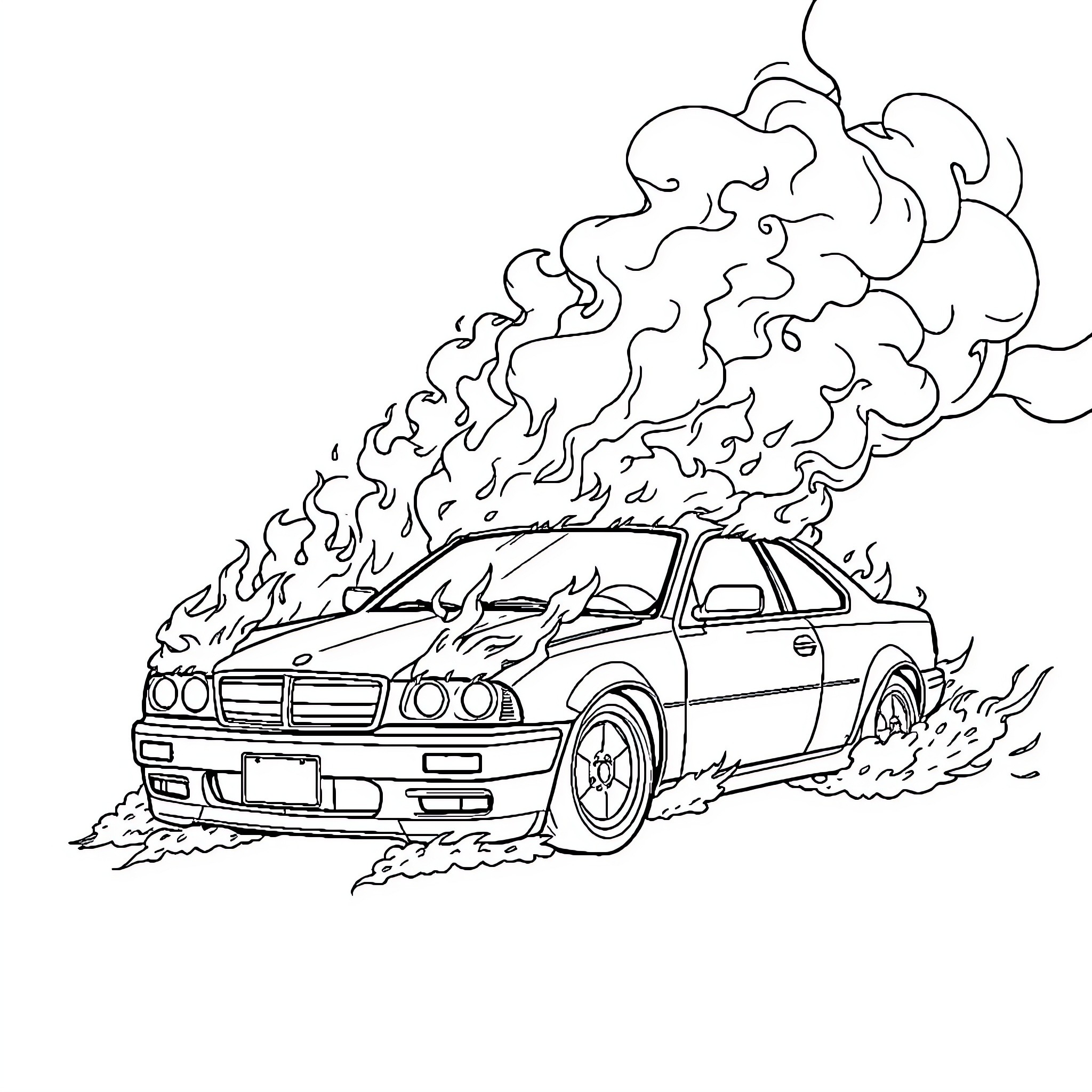 Car engulfed in flames on the road Coloring Page (free black-and-white line drawing printable PDF for all, from beginners to advanced learners, including children, teens, adults, and seniors)