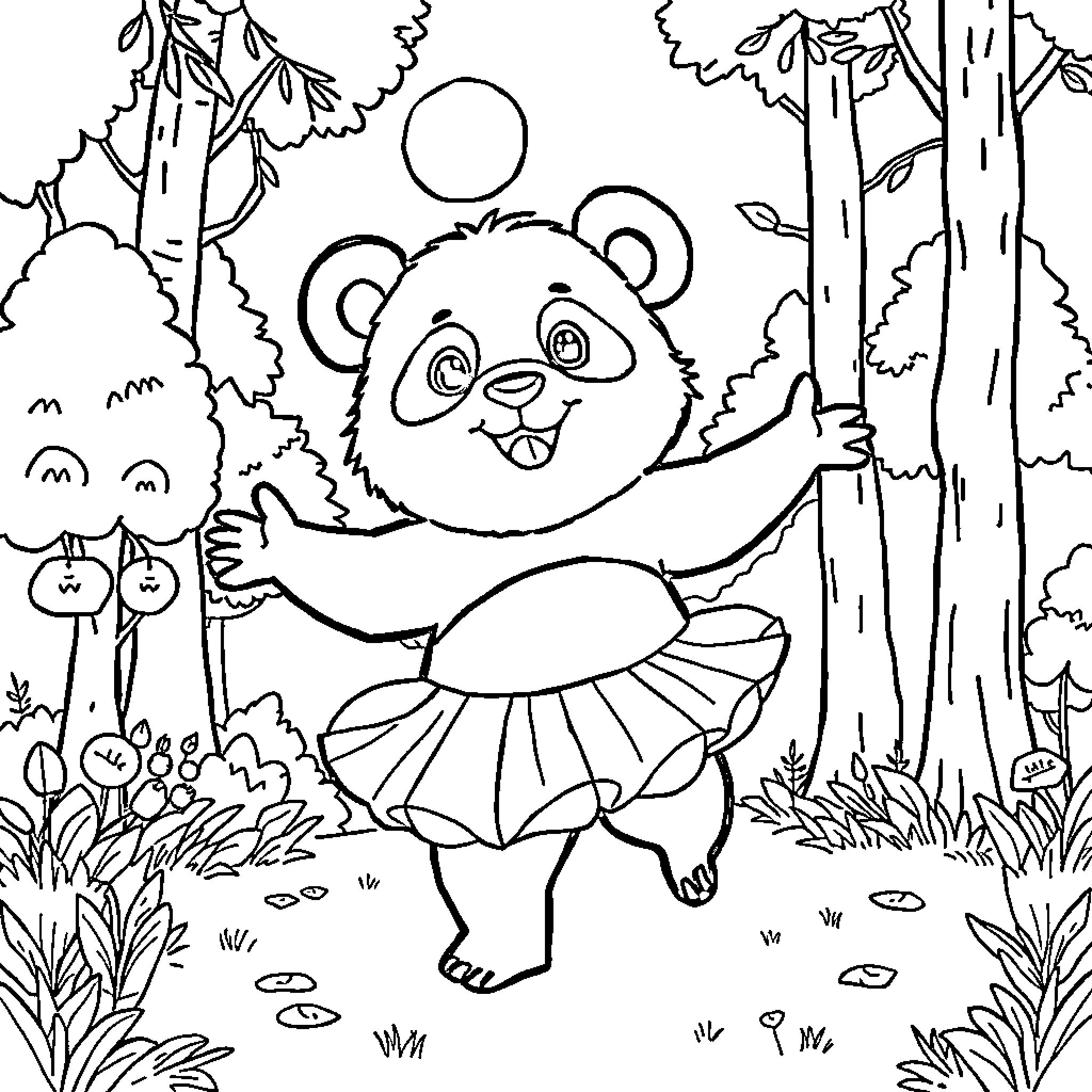 Panda dancing joyfully in the forest Coloring Page (free black-and-white line drawing printable PDF for all, from beginners to advanced learners, including children, teens, adults, and seniors)