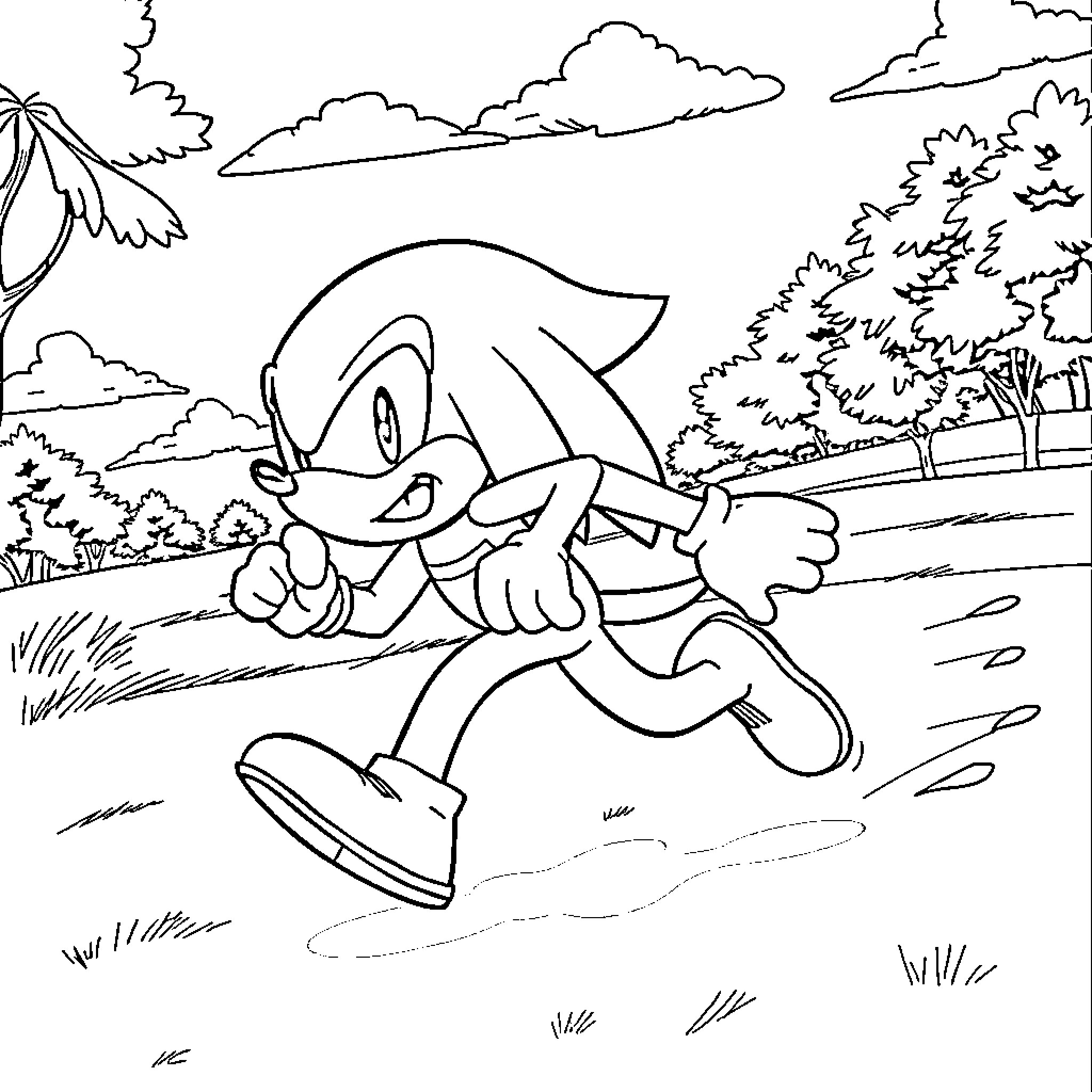 Knuckles racing through a scenic outdoor landscape Coloring Page (free black-and-white line drawing printable PDF for all, from beginners to advanced learners, including children, teens, adults, and seniors)