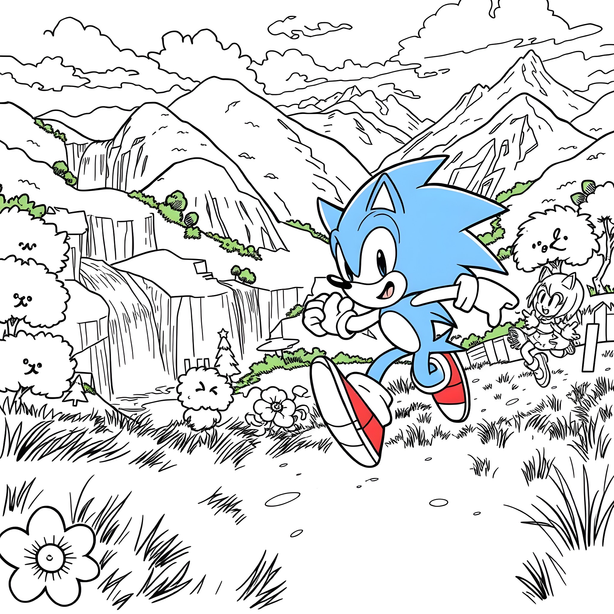 Sonic's Adventure in the Scenic Mountain Landscape Coloring Page (free black-and-white line drawing printable PDF for all, from beginners to advanced learners, including children, teens, adults, and seniors)