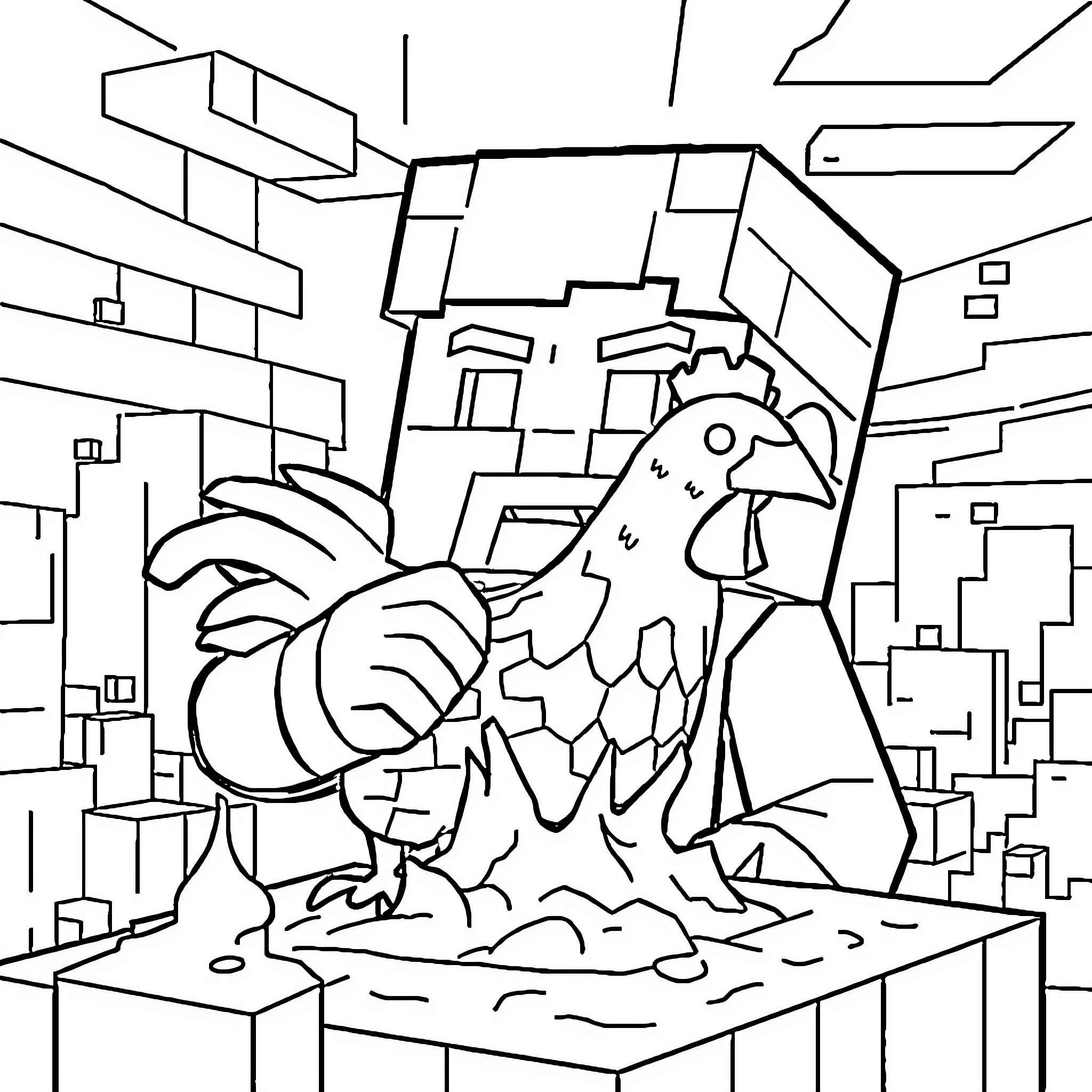Steve's Colorful Rooster Exploring an Urban Landscape Coloring Page (free black-and-white line drawing printable PDF for all, from beginners to advanced learners, including children, teens, adults, and seniors)