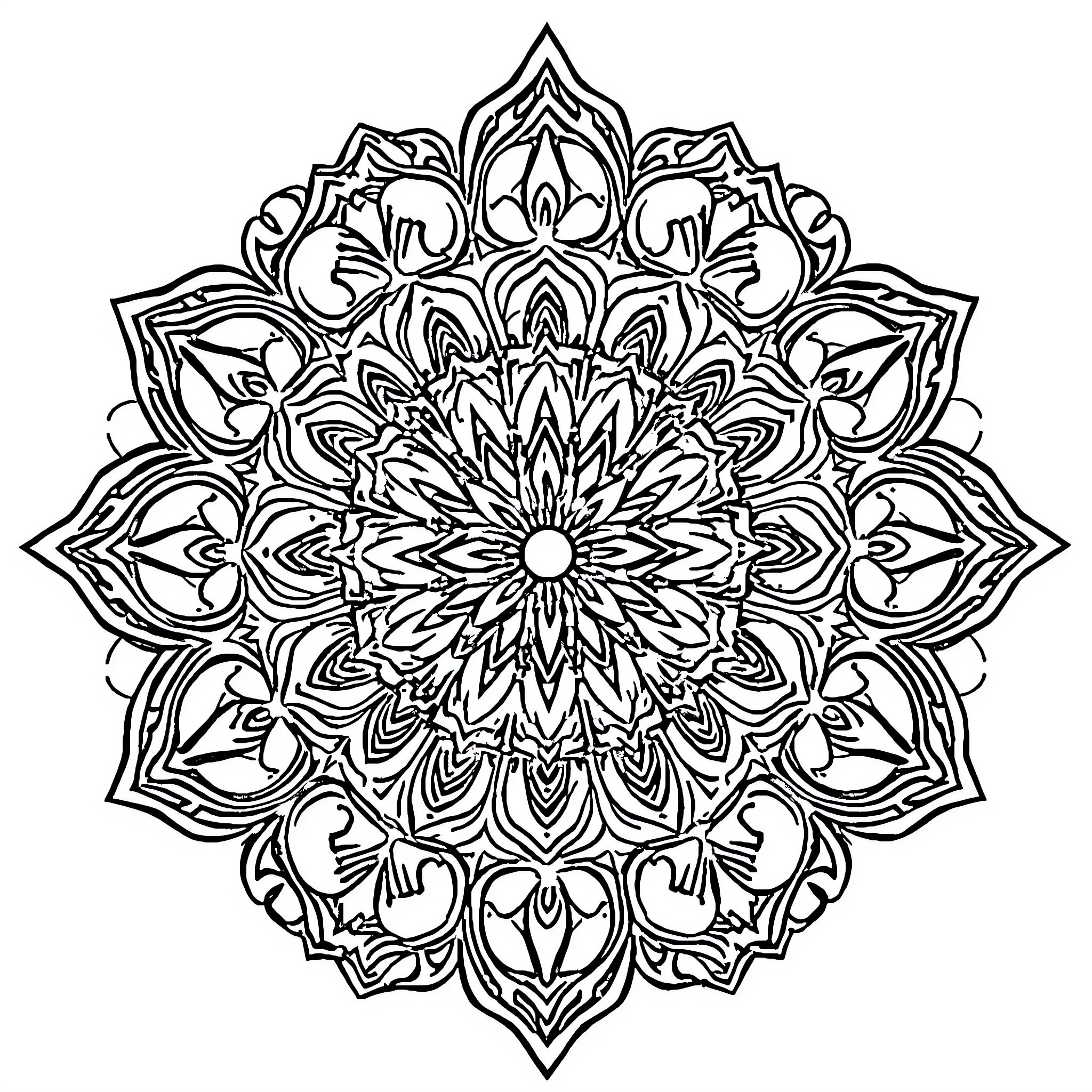 Mandala of intricate symmetrical patterns Coloring Page (free black-and-white line drawing printable PDF for all, from beginners to advanced learners, including children, teens, adults, and seniors)