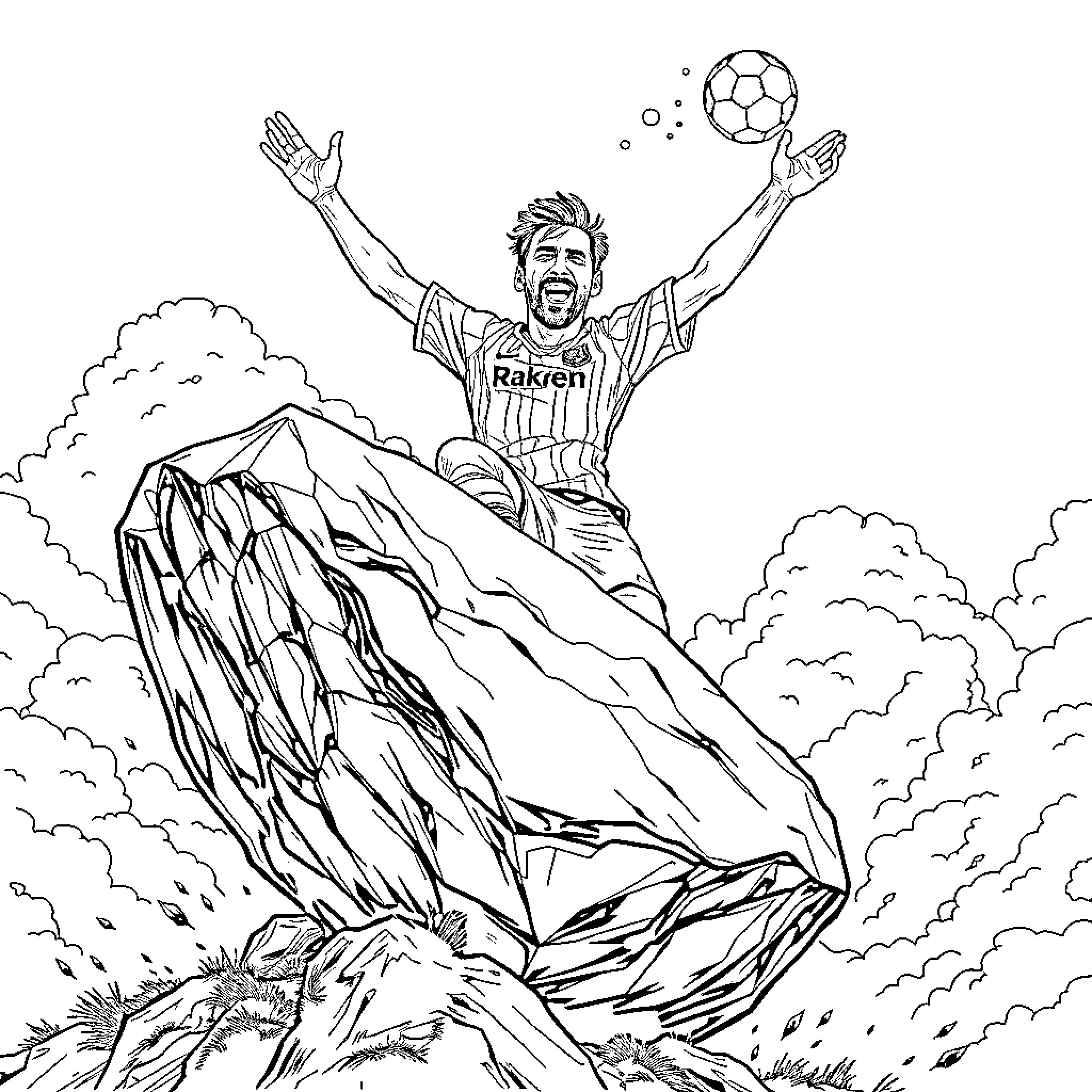 Messi celebrates triumphantly on the rocky mountain Coloring Page (free black-and-white line drawing printable PDF for all, from beginners to advanced learners, including children, teens, adults, and seniors)