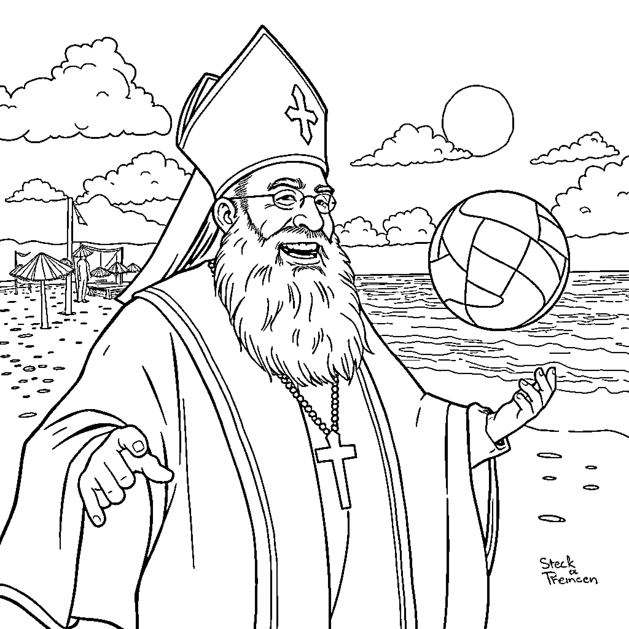 Archbishop holding a ball in a coastal scene Coloring Page (free black-and-white line drawing printable PDF for all, from beginners to advanced learners, including children, teens, adults, and seniors)