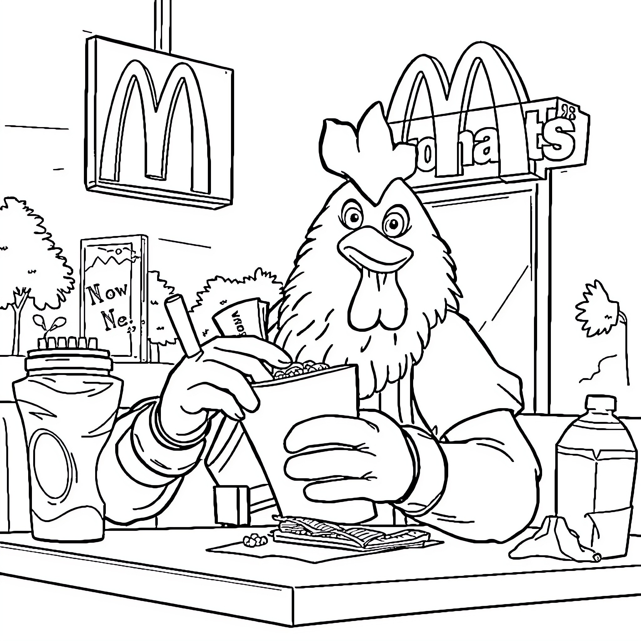 Cluck Ordering Food at the Fast Food Restaurant Coloring Page (free black-and-white line drawing printable PDF for all, from beginners to advanced learners, including children, teens, adults, and seniors)