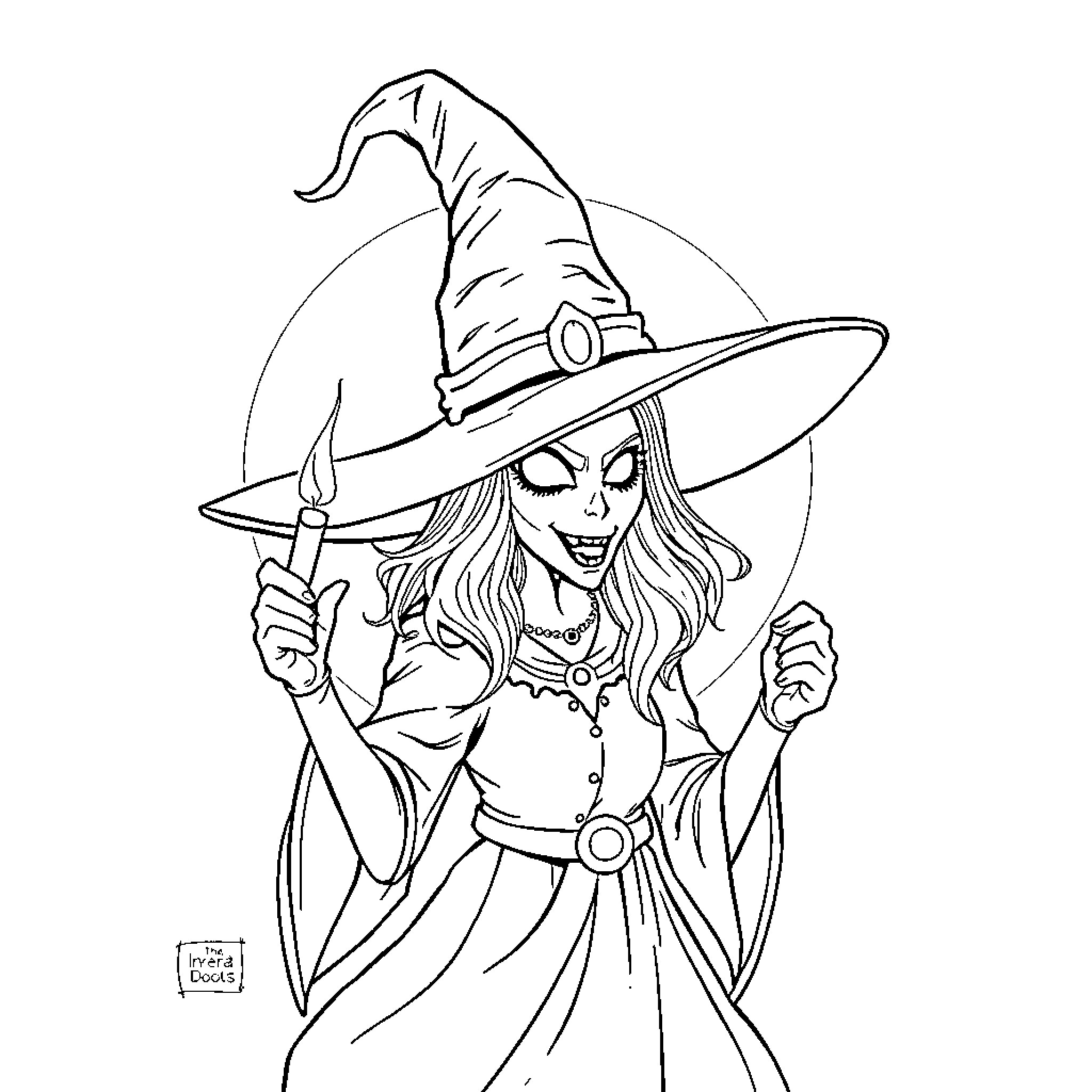 Witch casting a spell with her wand Coloring Page (free black-and-white line drawing printable PDF for all, from beginners to advanced learners, including children, teens, adults, and seniors)