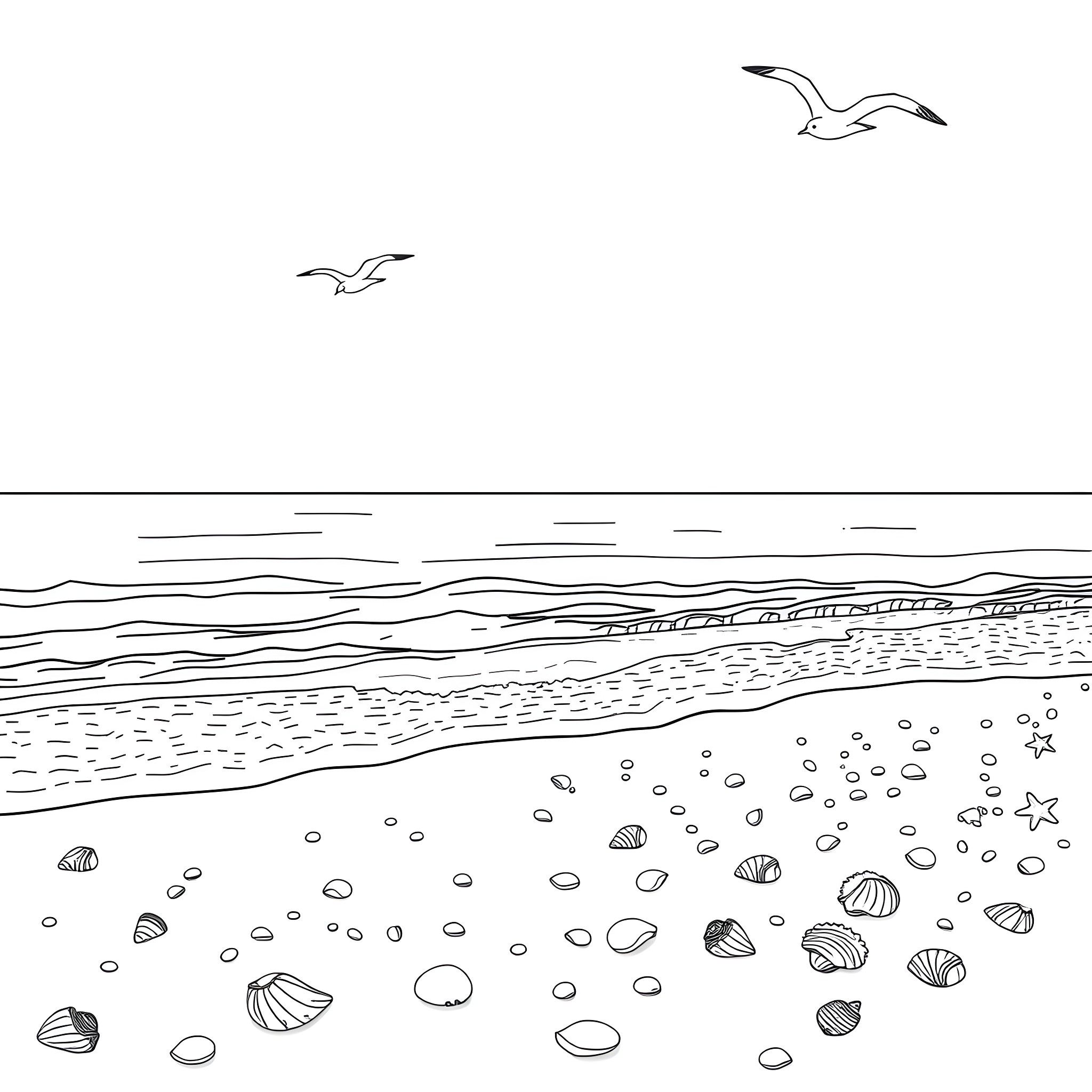 Beach scene with seagulls and seashells Coloring Page (free black-and-white line drawing printable PDF for all, from beginners to advanced learners, including children, teens, adults, and seniors)
