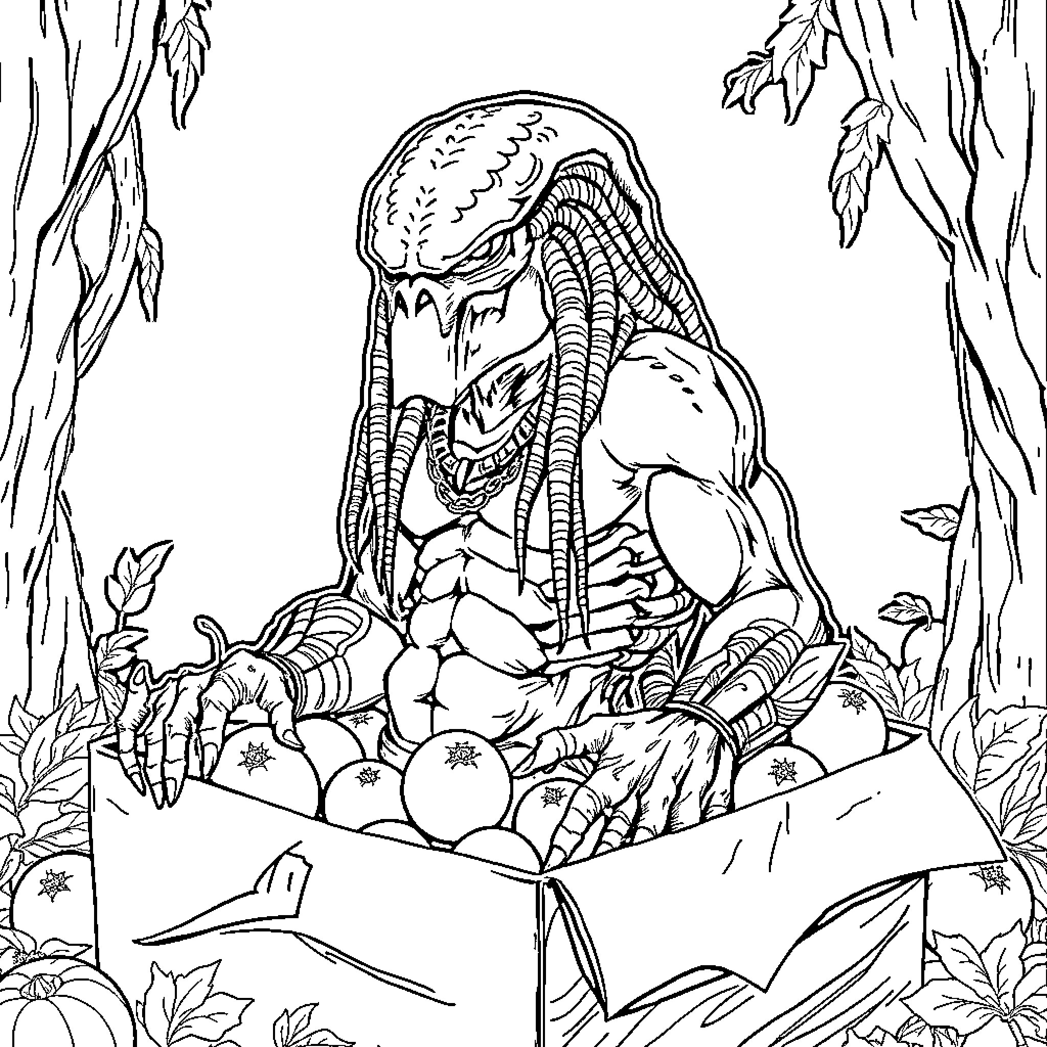 Yautja Warrior Hunting in the Wilderness Coloring Page (free black-and-white line drawing printable PDF for all, from beginners to advanced learners, including children, teens, adults, and seniors)