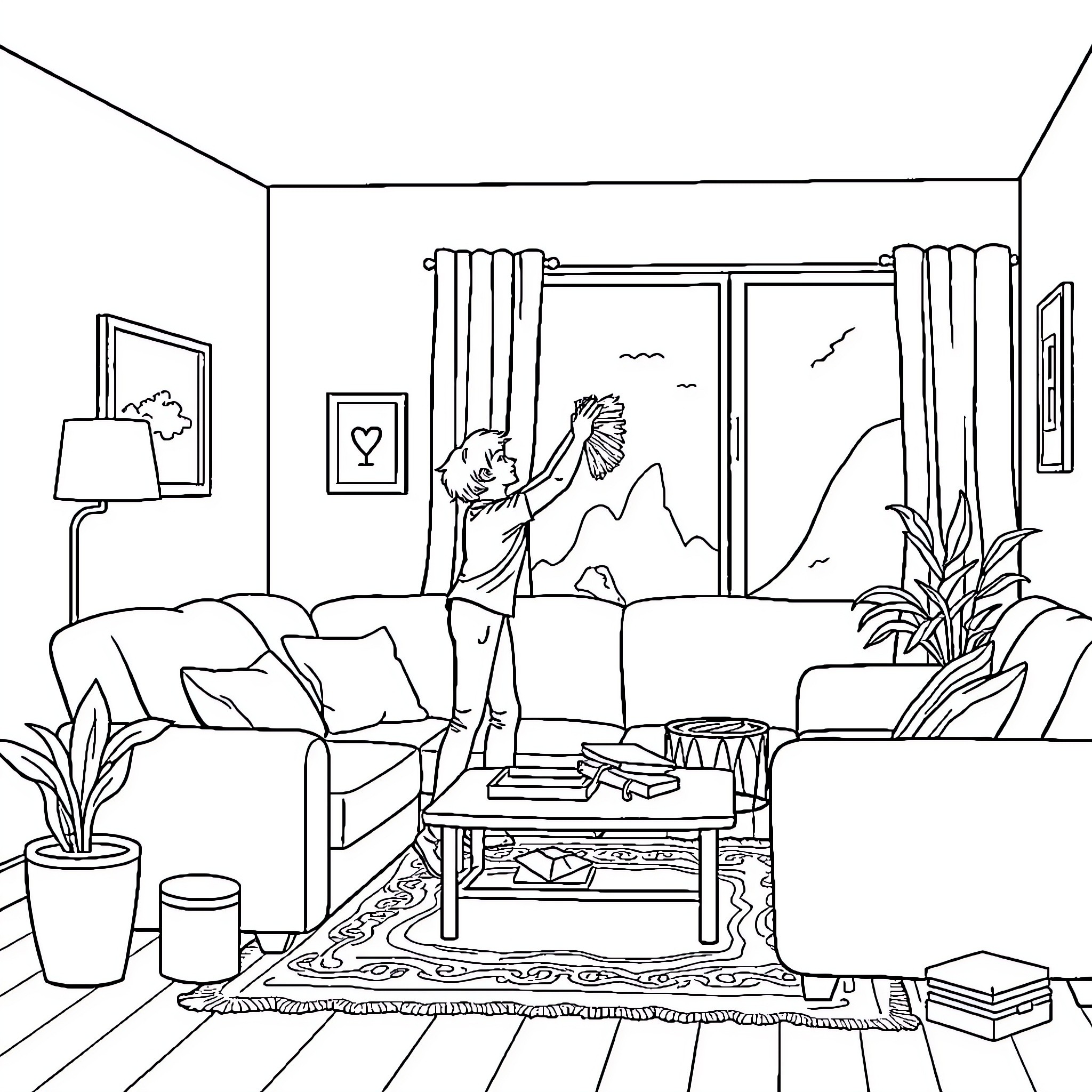 House with person admiring mountain landscape through window Coloring Page (free black-and-white line drawing printable PDF for all, from beginners to advanced learners, including children, teens, adults, and seniors)