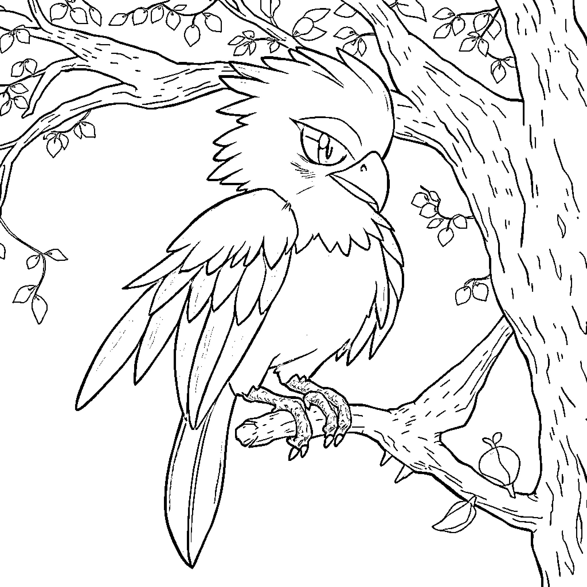 Corbeau perched on a tree branch Coloring Page (free black-and-white line drawing printable PDF for all, from beginners to advanced learners, including children, teens, adults, and seniors)