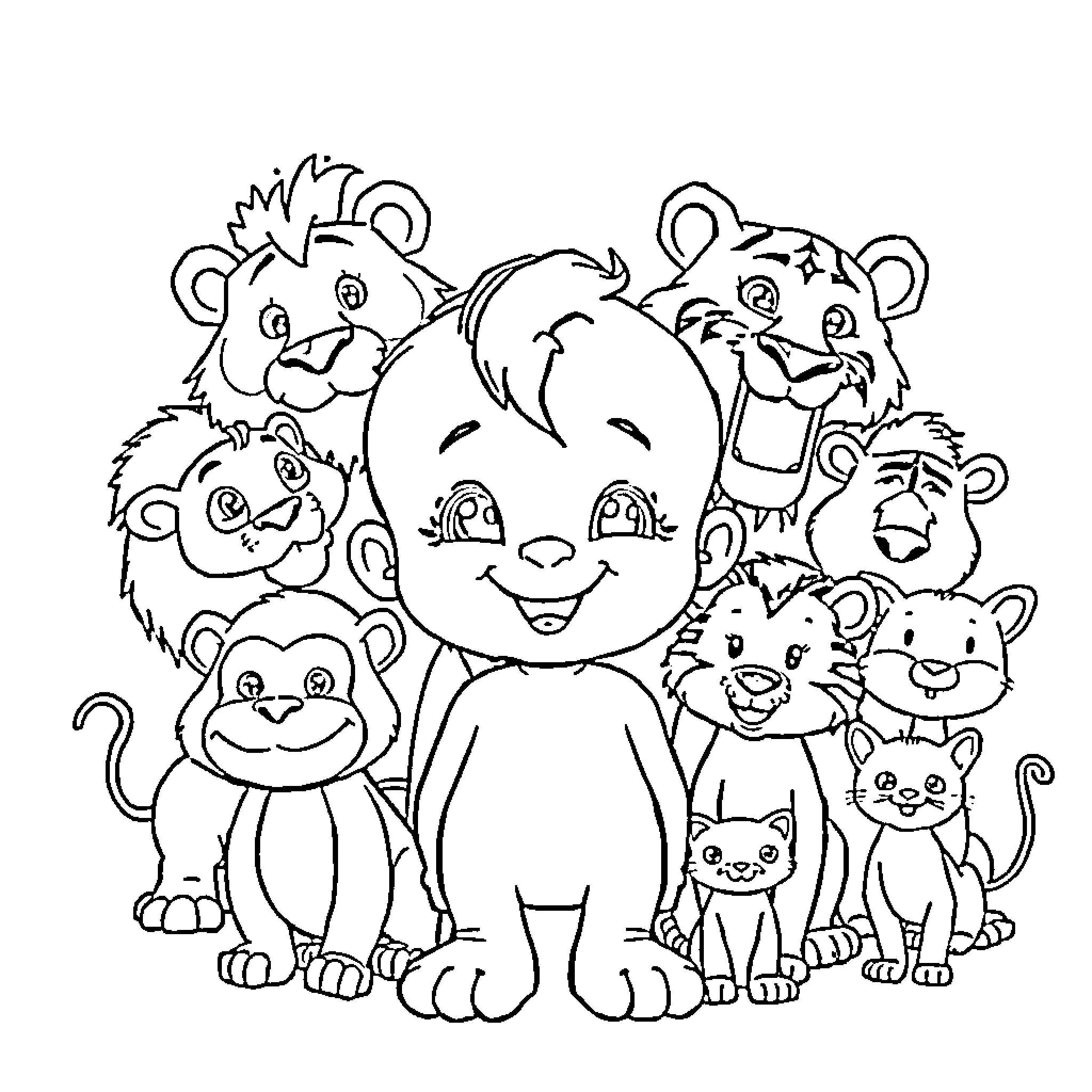 Bambino surrounded by joyful animal friends Coloring Page (free black-and-white line drawing printable PDF for all, from beginners to advanced learners, including children, teens, adults, and seniors)