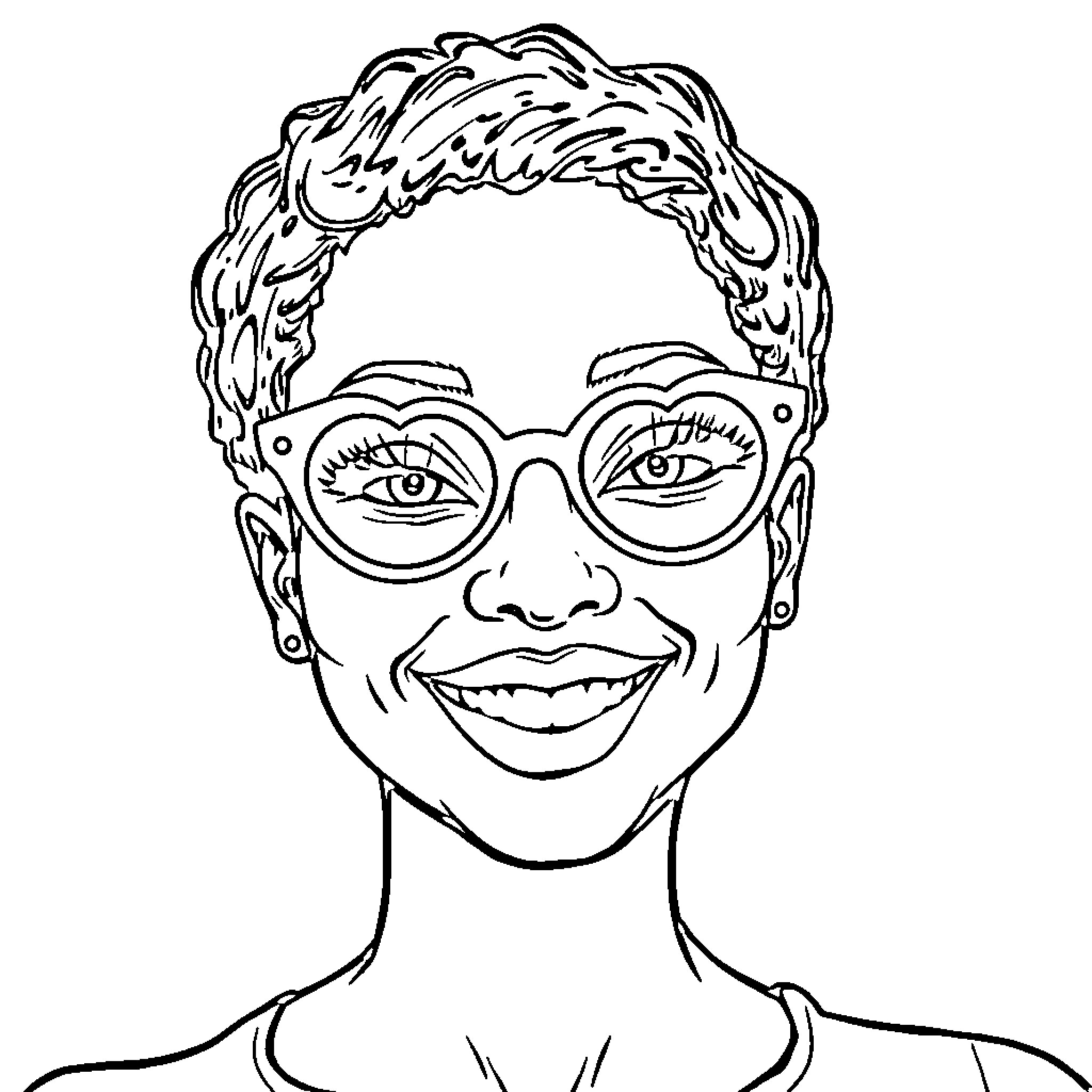Woman smiling and wearing eyeglasses Coloring Page (free black-and-white line drawing printable PDF for all, from beginners to advanced learners, including children, teens, adults, and seniors)