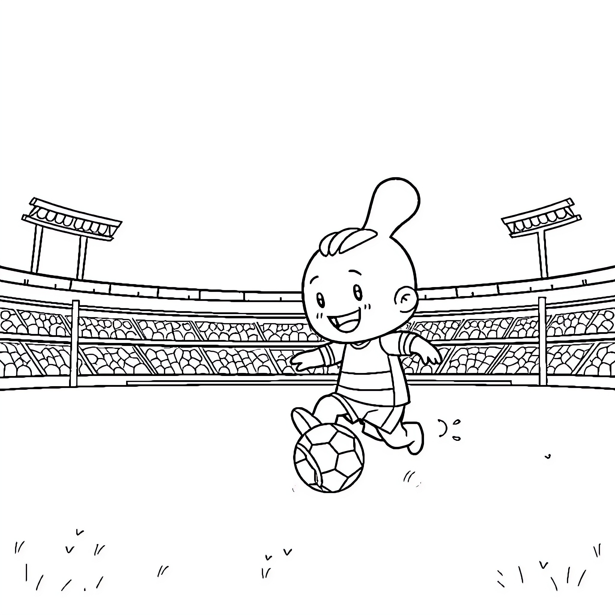 Labubu playing soccer in the stadium Coloring Page (free black-and-white line drawing printable PDF for all, from beginners to advanced learners, including children, teens, adults, and seniors)