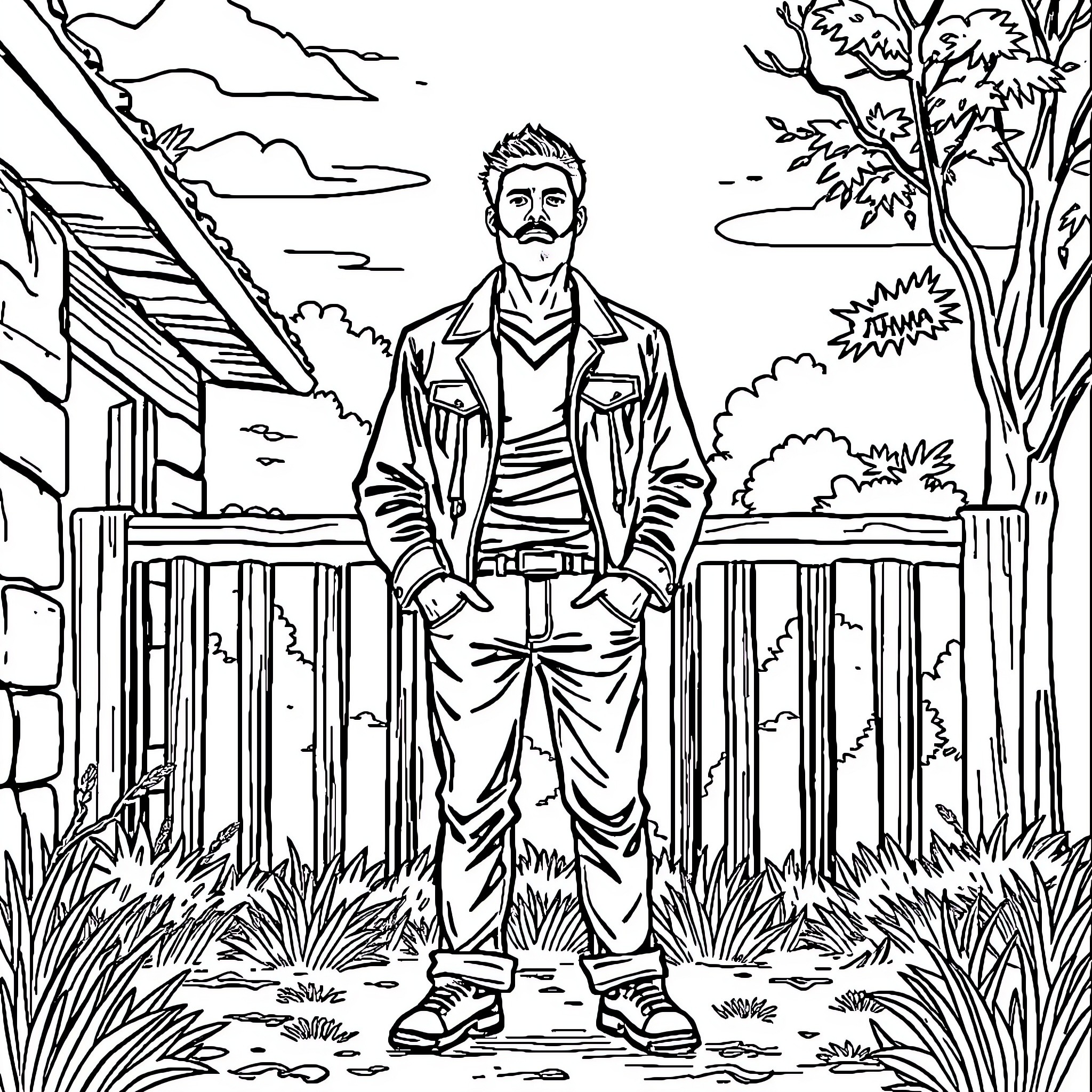 Irina's Contemplative Moment in the Countryside Coloring Page (free black-and-white line drawing printable PDF for all, from beginners to advanced learners, including children, teens, adults, and seniors)