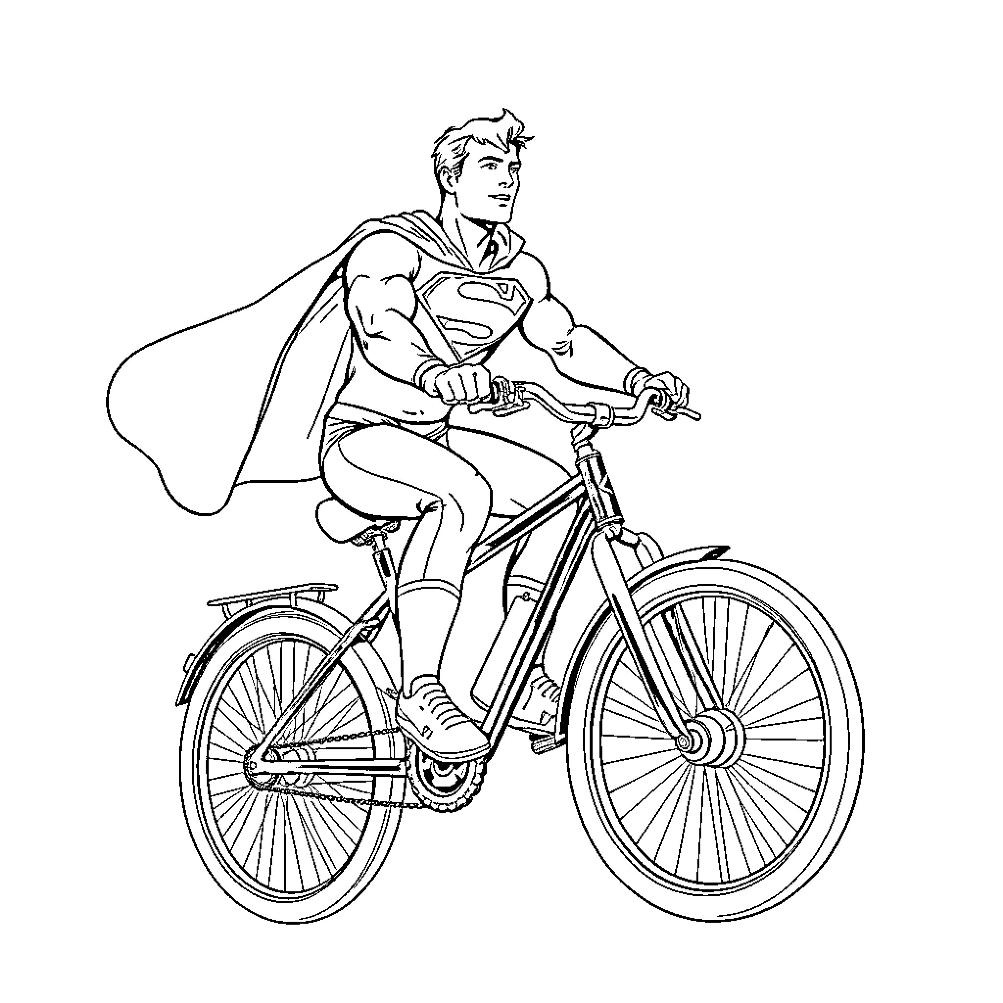 Superman riding a bicycle with determination Coloring Page (free black-and-white line drawing printable PDF for all, from beginners to advanced learners, including children, teens, adults, and seniors)