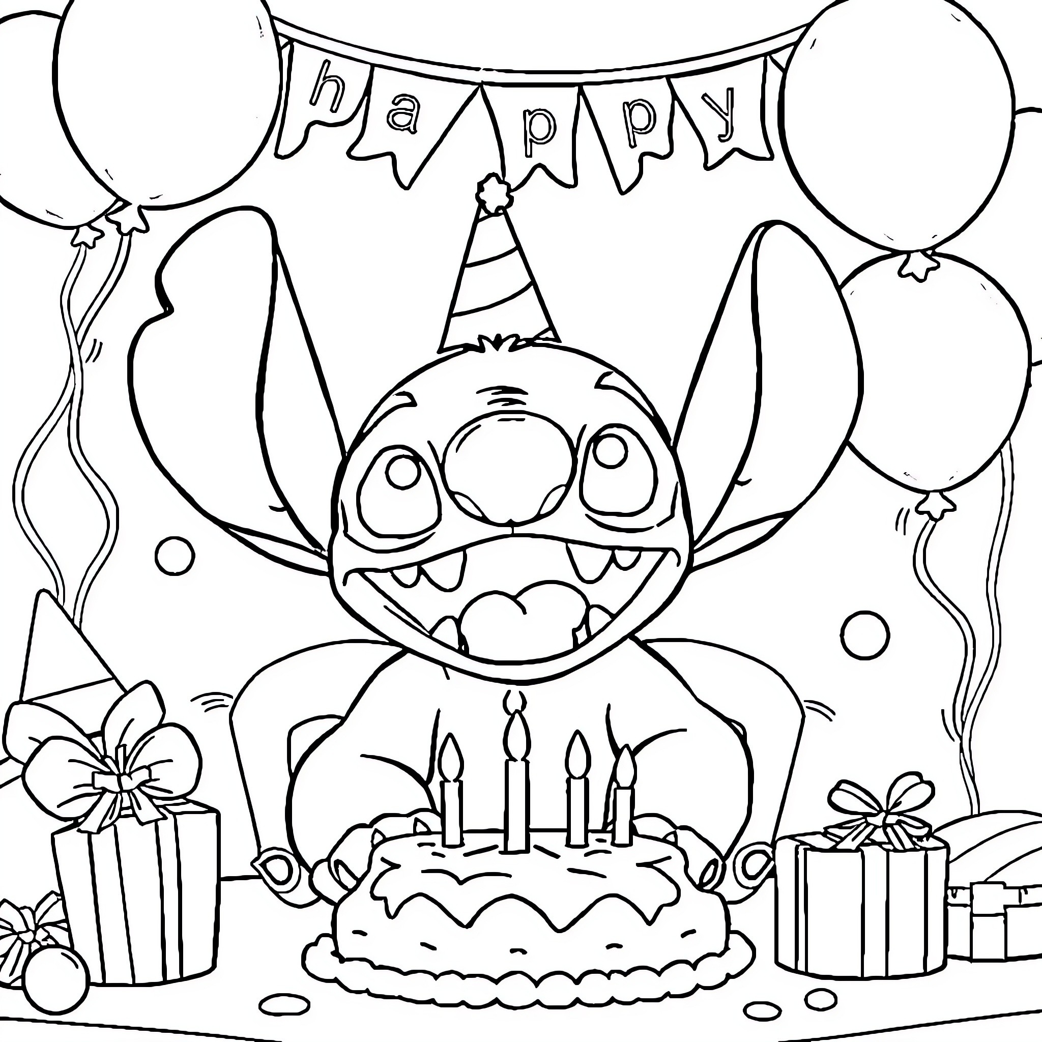 Stitch celebrating happy birthday with balloons and cake Coloring Page (free black-and-white line drawing printable PDF for all, from beginners to advanced learners, including children, teens, adults, and seniors)