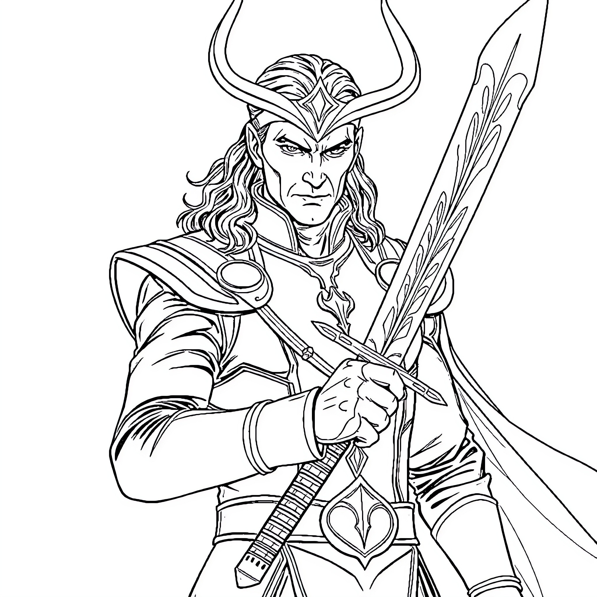 Loki, the mischievous god, wielding his staff with a determined expression Coloring Page (free black-and-white line drawing printable PDF for all, from beginners to advanced learners, including children, teens, adults, and seniors)