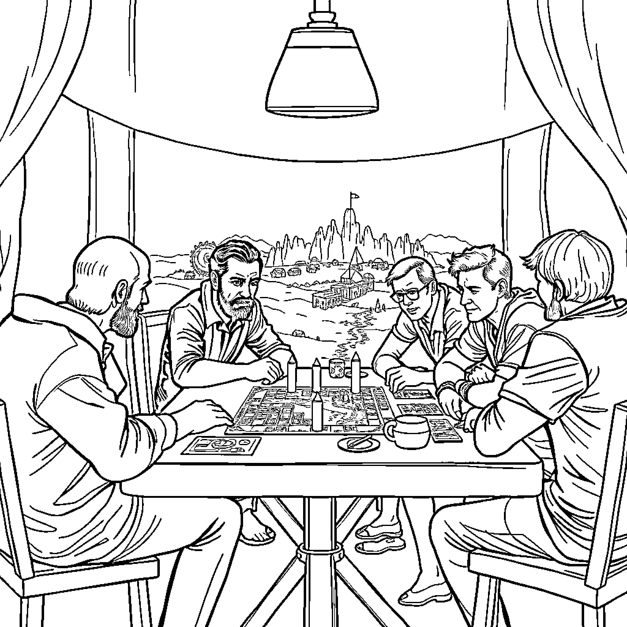 Man playing board game with friends in cozy setting Coloring Page (free black-and-white line drawing printable PDF for all, from beginners to advanced learners, including children, teens, adults, and seniors)