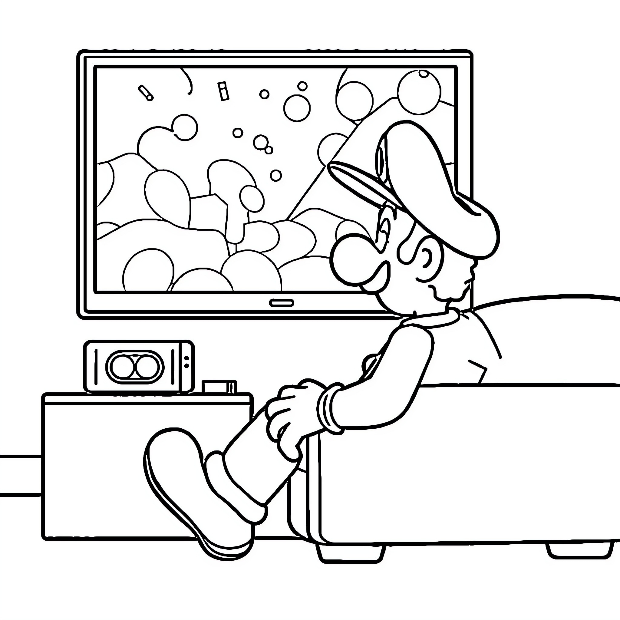 Luigi relaxing and enjoying a colorful digital display Coloring Page (free black-and-white line drawing printable PDF for all, from beginners to advanced learners, including children, teens, adults, and seniors)
