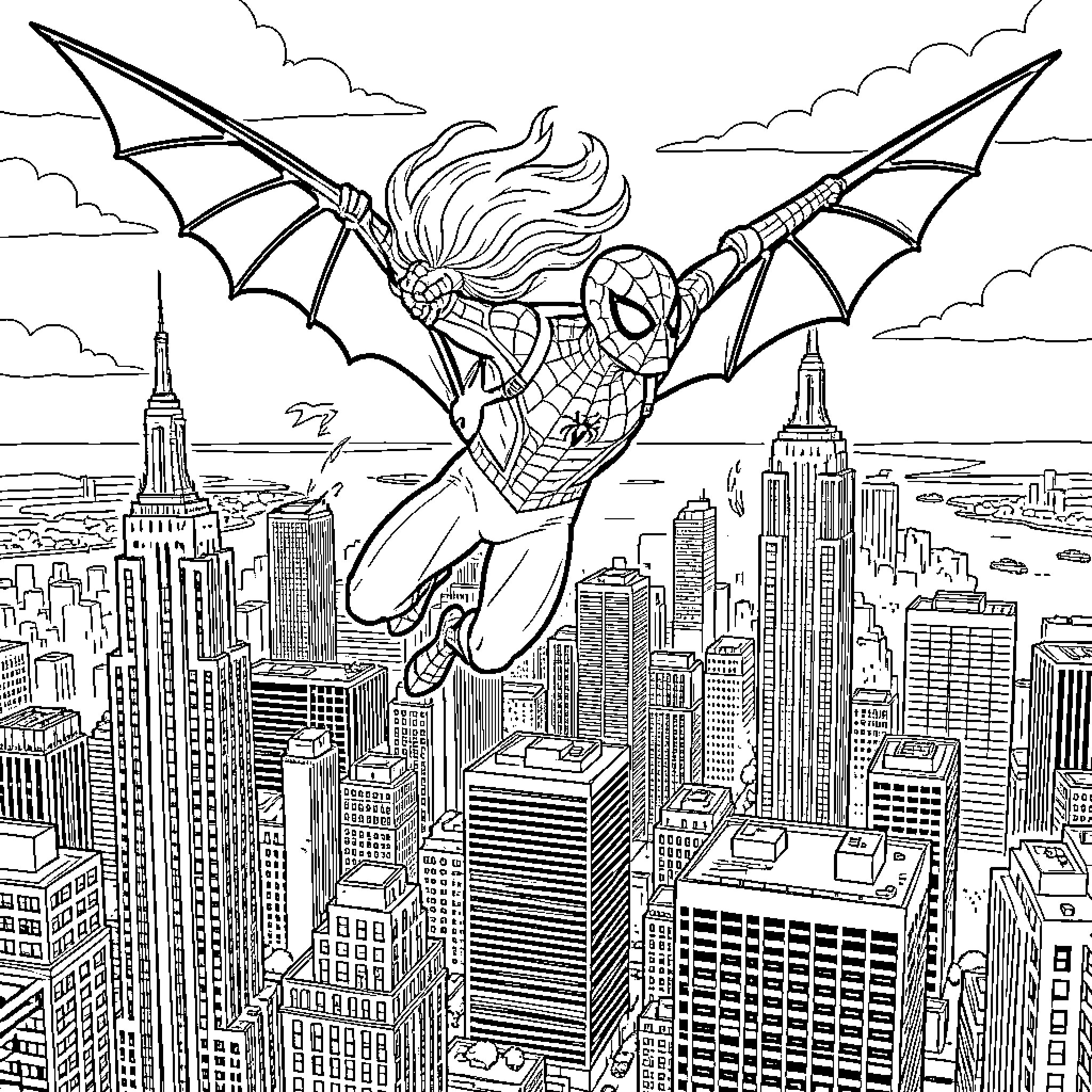Spiderman swinging through the city skyline Coloring Page (free black-and-white line drawing printable PDF for all, from beginners to advanced learners, including children, teens, adults, and seniors)