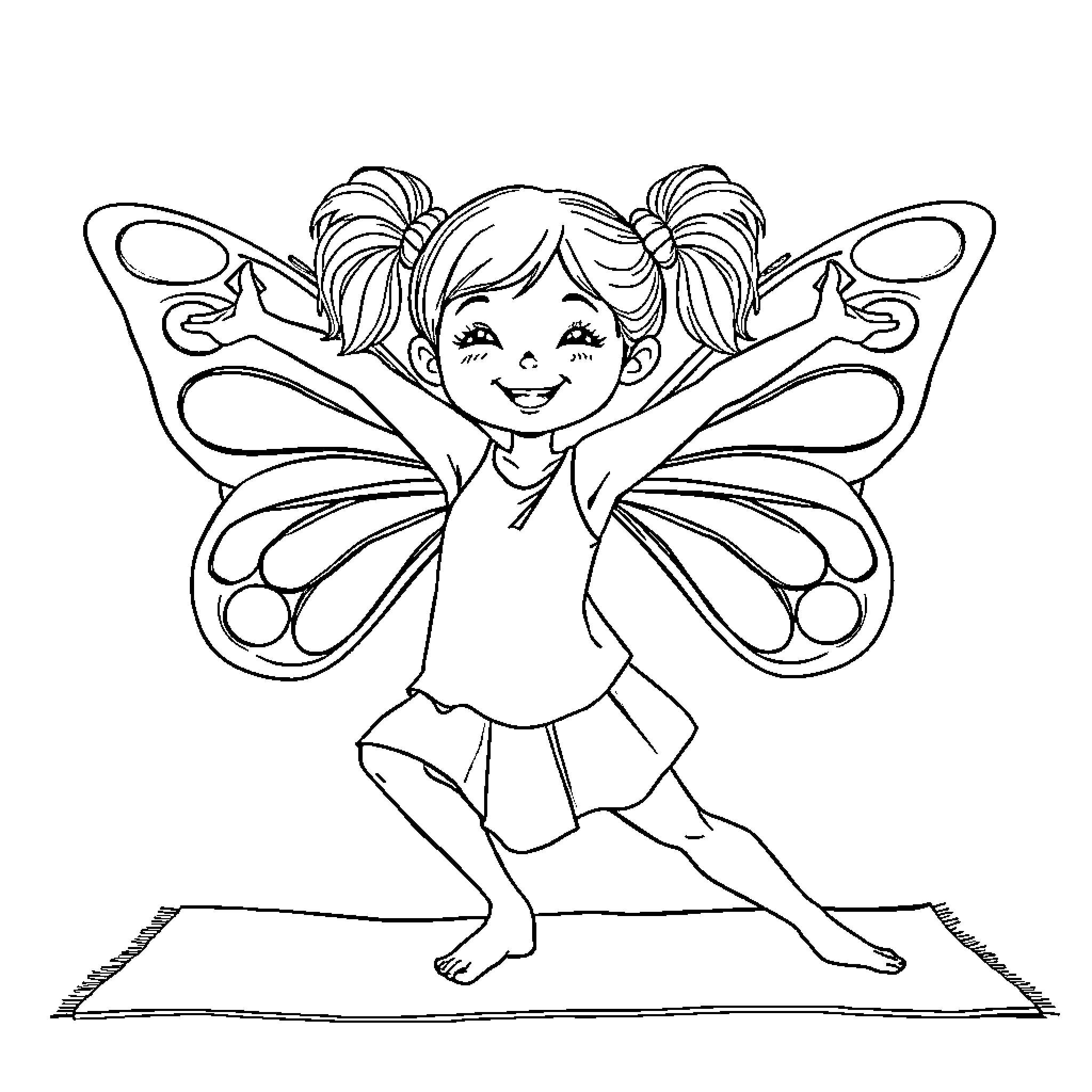 Girl in butterfly costume happily posing Coloring Page (free black-and-white line drawing printable PDF for all, from beginners to advanced learners, including children, teens, adults, and seniors)