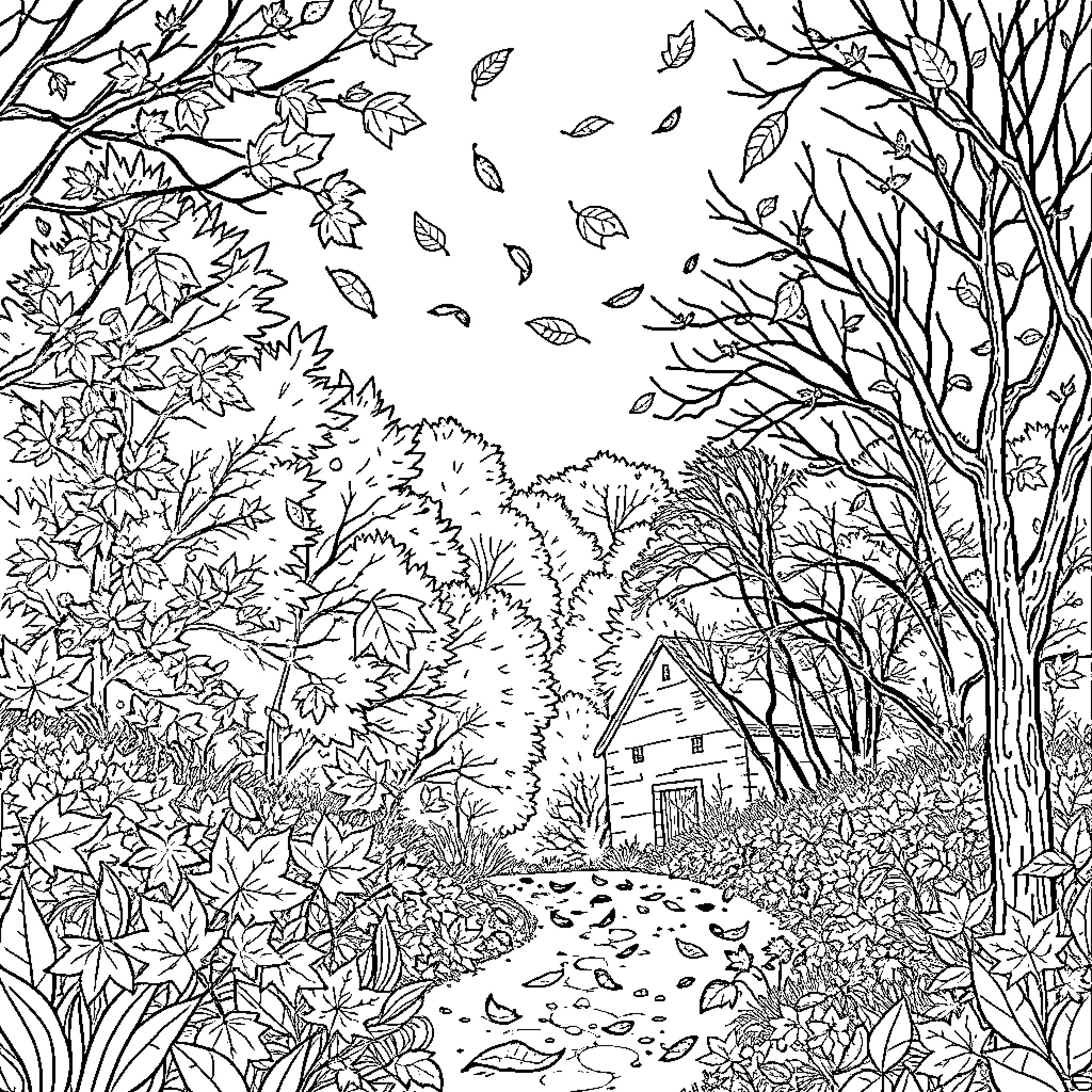 Autumn Escape to a Serene Wooded Retreat Coloring Page (free black-and-white line drawing printable PDF for all, from beginners to advanced learners, including children, teens, adults, and seniors)