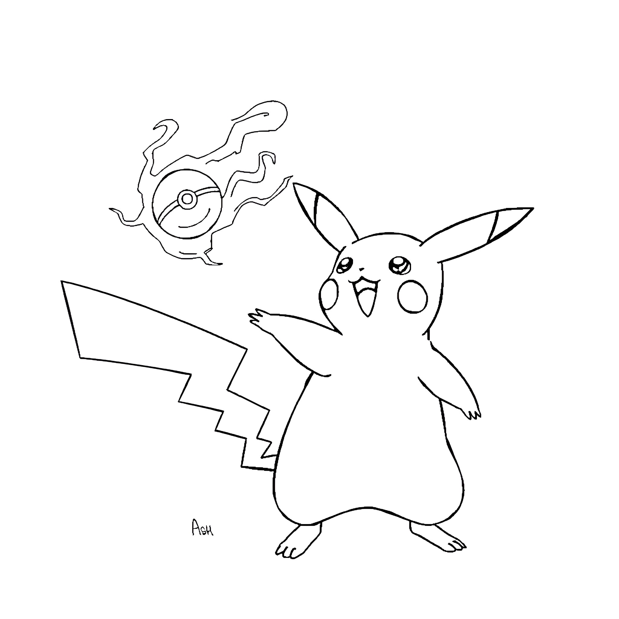 Pikachu using electric attack in a playful scene Coloring Page (free black-and-white line drawing printable PDF for all, from beginners to advanced learners, including children, teens, adults, and seniors)