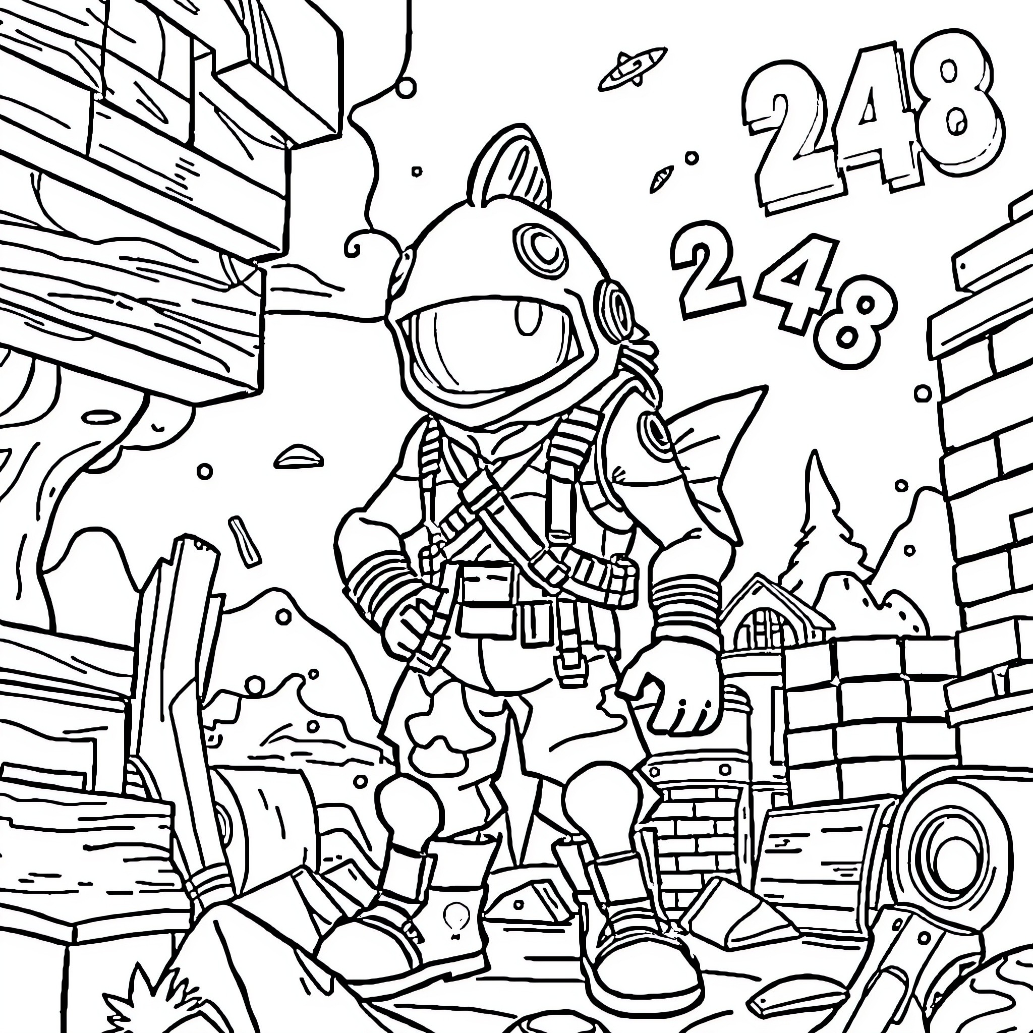 Fish-like character exploring futuristic city Coloring Page (free black-and-white line drawing printable PDF for all, from beginners to advanced learners, including children, teens, adults, and seniors)