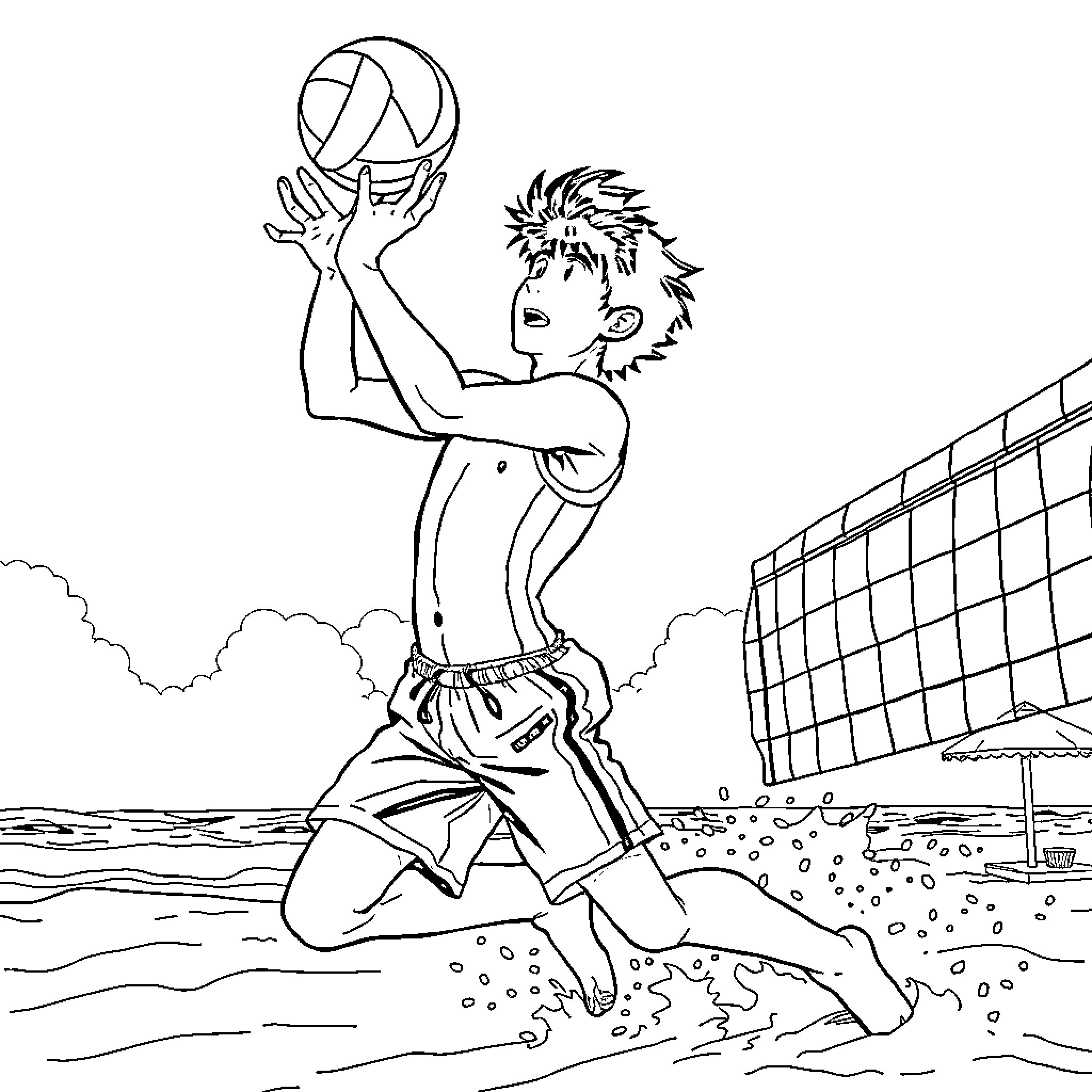 Hoshiumi Playing Volleyball on the Beach Coloring Page (free black-and-white line drawing printable PDF for all, from beginners to advanced learners, including children, teens, adults, and seniors)