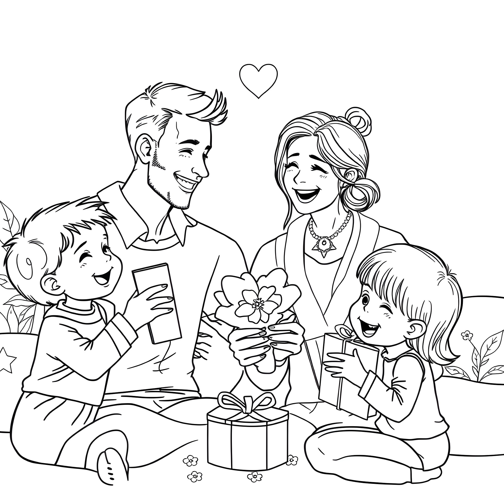 Husband celebrates family with children and gift Coloring Page (free black-and-white line drawing printable PDF for all, from beginners to advanced learners, including children, teens, adults, and seniors)