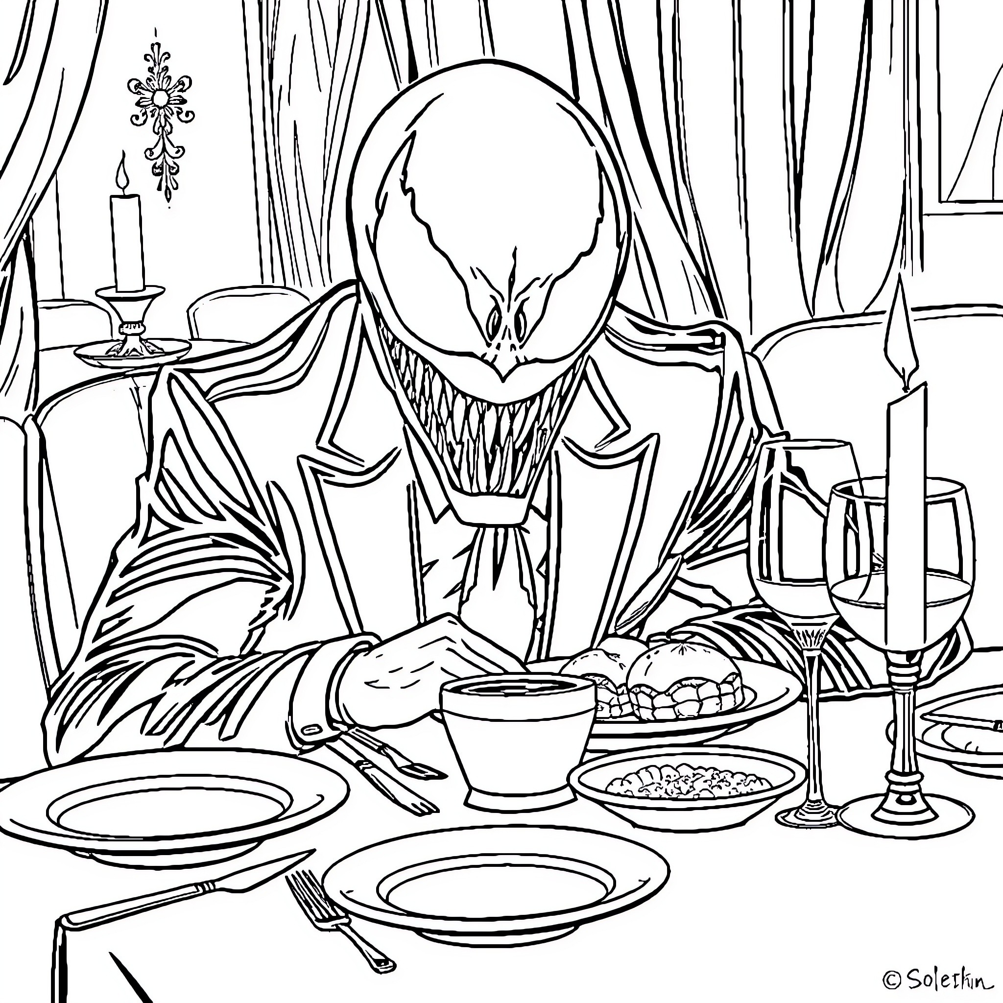 Venom Dining in Formal Dining Room Coloring Page (free black-and-white line drawing printable PDF for all, from beginners to advanced learners, including children, teens, adults, and seniors)