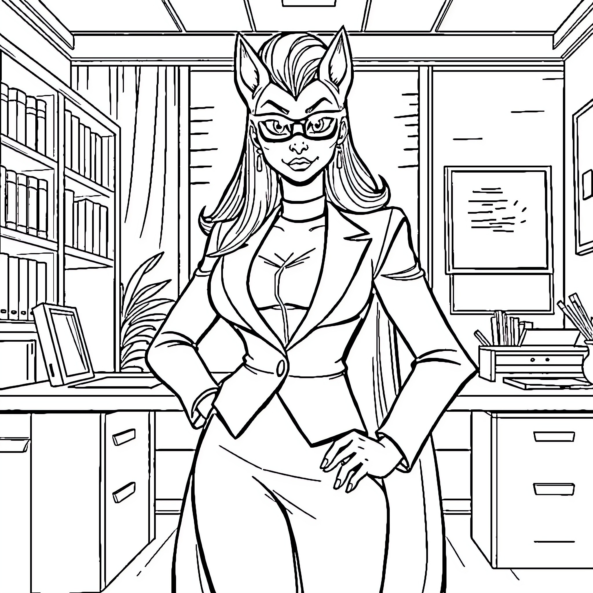 Loona in a professional office setting Coloring Page (free black-and-white line drawing printable PDF for all, from beginners to advanced learners, including children, teens, adults, and seniors)