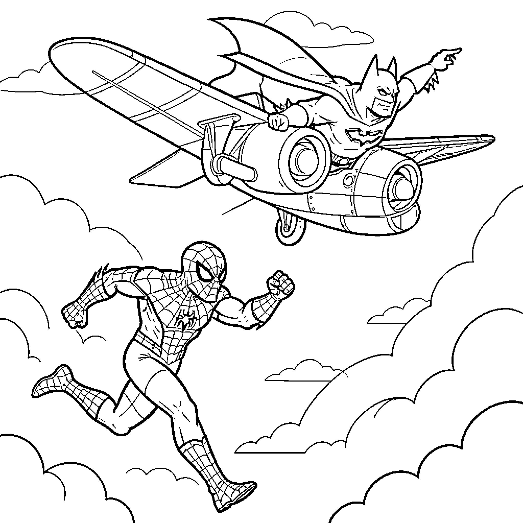 Spiderman running through the clouds near a plane Coloring Page (free black-and-white line drawing printable PDF for all, from beginners to advanced learners, including children, teens, adults, and seniors)