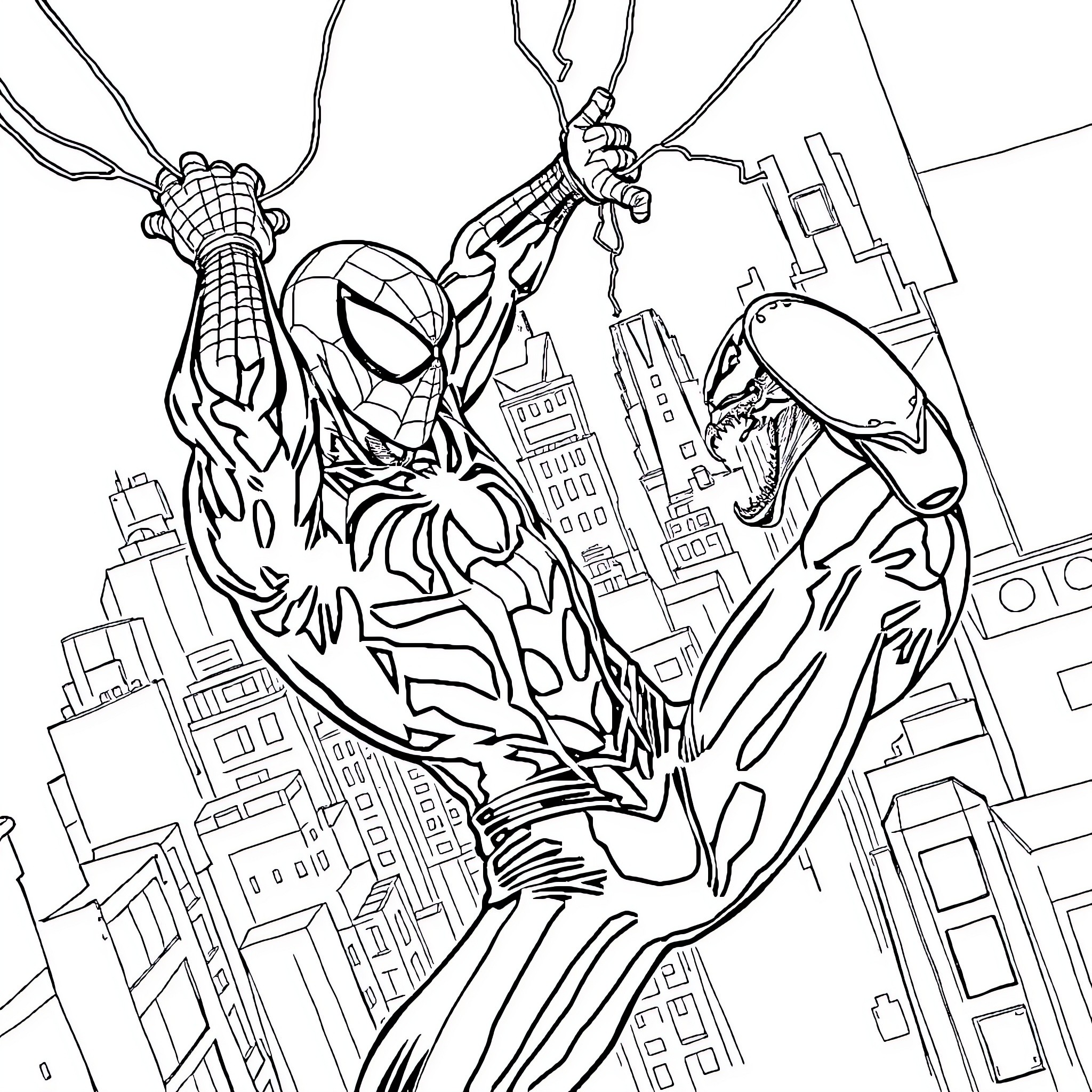 Spiderman swinging through the city with web-slinging action Coloring Page (free black-and-white line drawing printable PDF for all, from beginners to advanced learners, including children, teens, adults, and seniors)