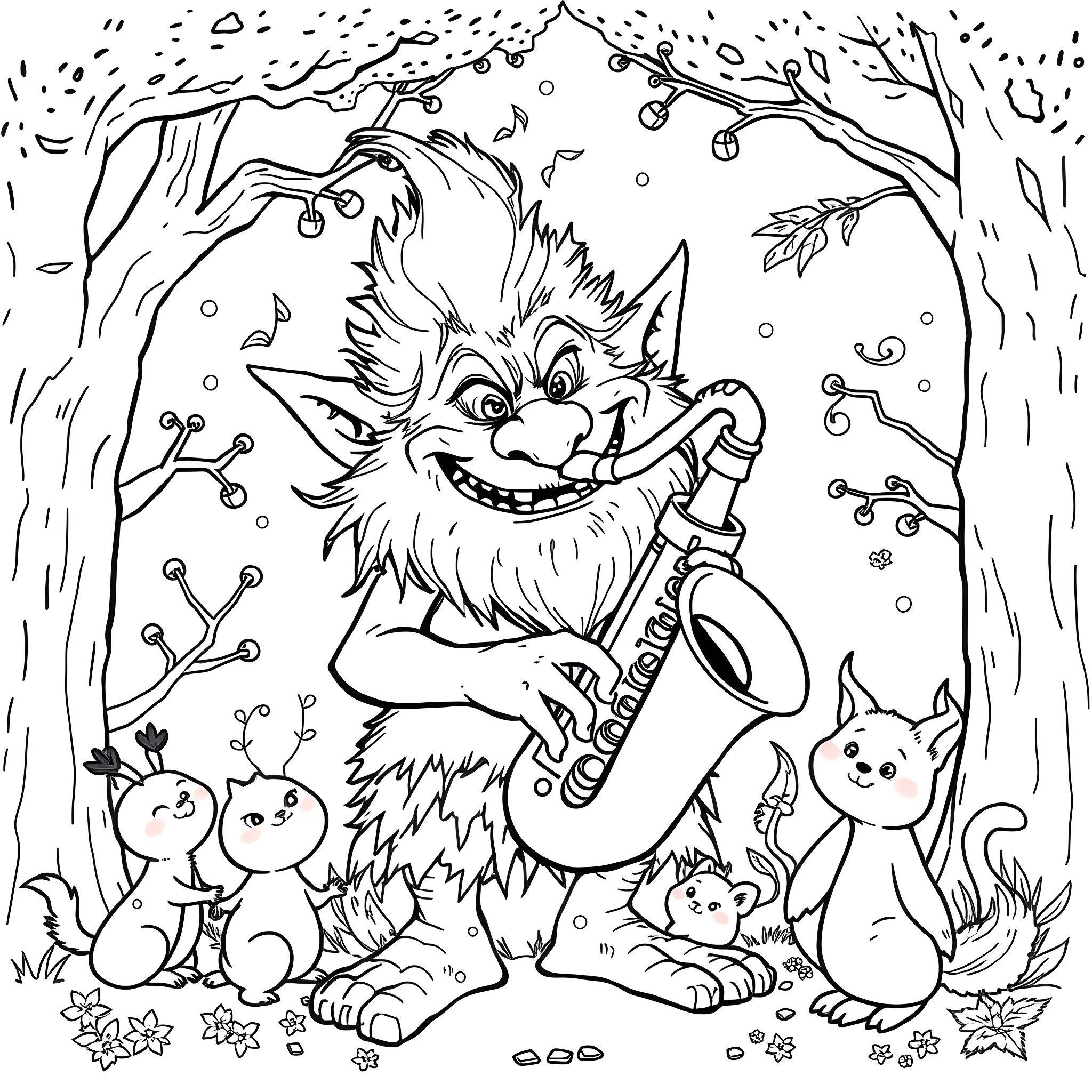 Troll playing the saxophone in the enchanted forest Coloring Page (free black-and-white line drawing printable PDF for all, from beginners to advanced learners, including children, teens, adults, and seniors)