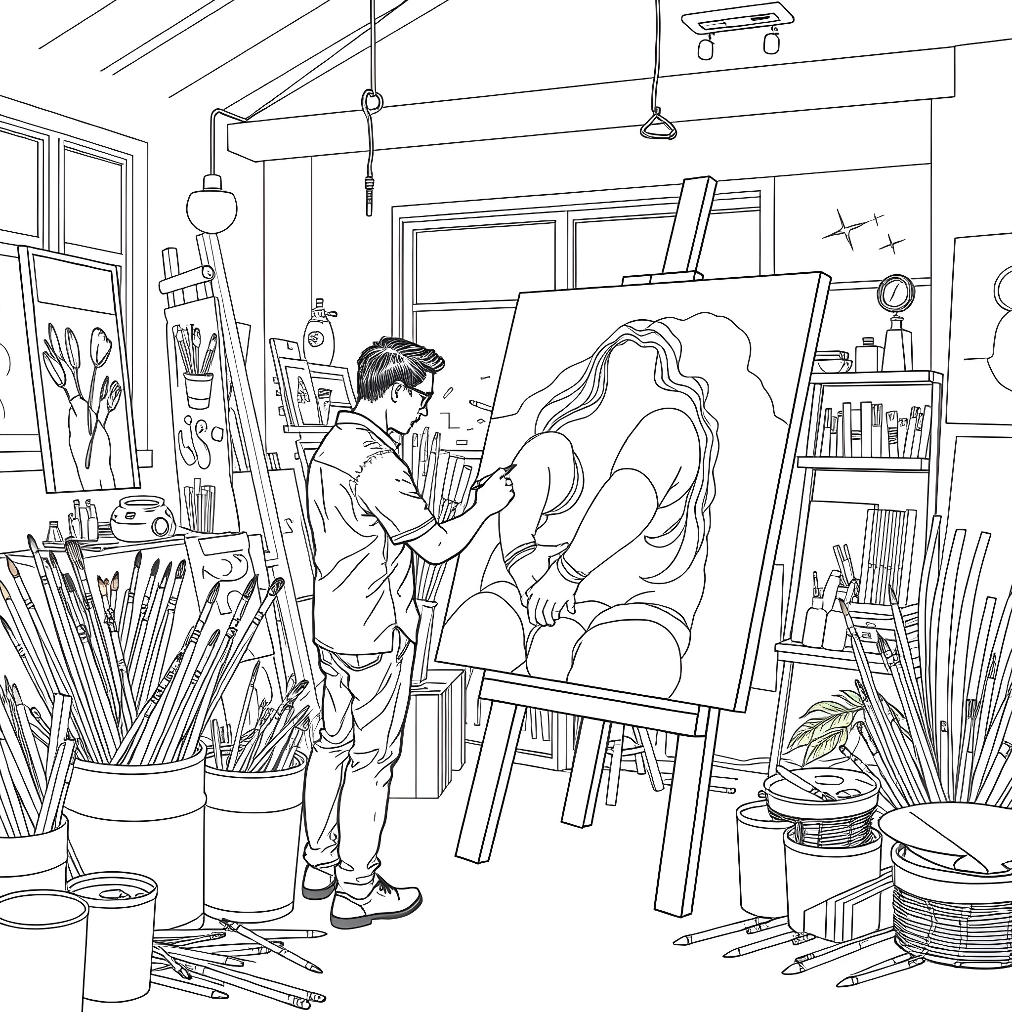 Male Artist Painting a Portrait in Studio Coloring Page (free black-and-white line drawing printable PDF for all, from beginners to advanced learners, including children, teens, adults, and seniors)