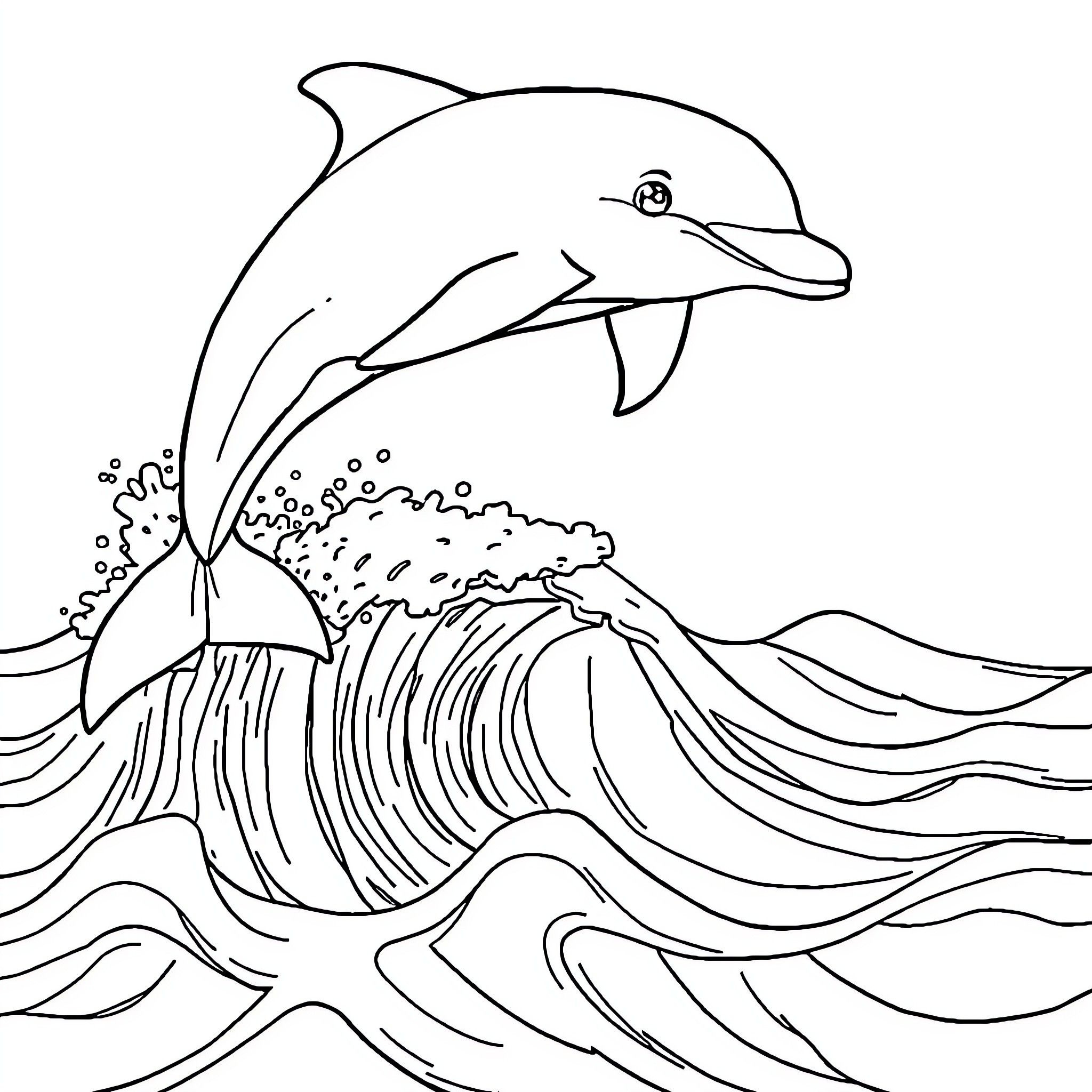 Dolphin leaping through ocean waves Coloring Page (free black-and-white line drawing printable PDF for all, from beginners to advanced learners, including children, teens, adults, and seniors)