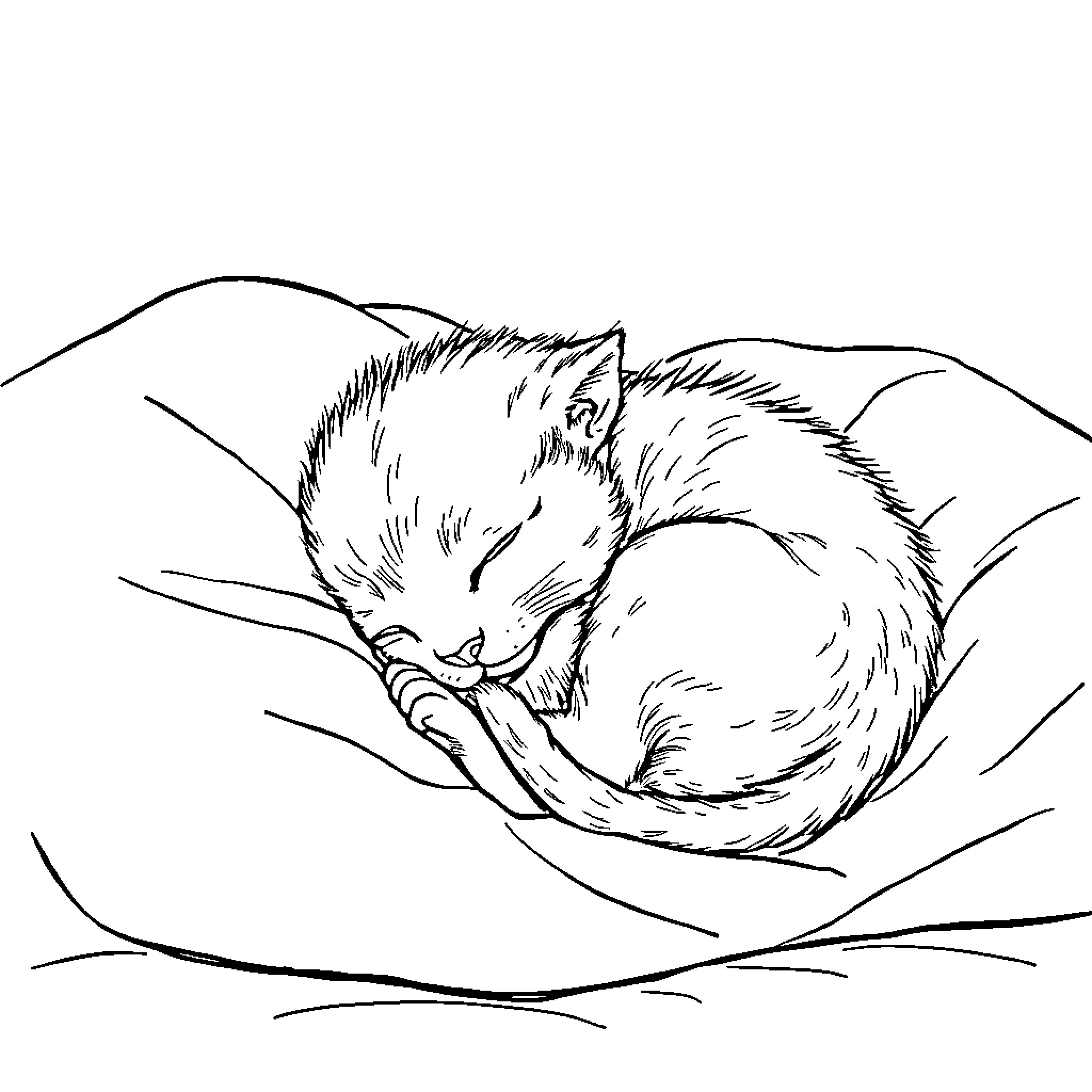 Kitten sleeping peacefully in its nest Coloring Page (free black-and-white line drawing printable PDF for all, from beginners to advanced learners, including children, teens, adults, and seniors)