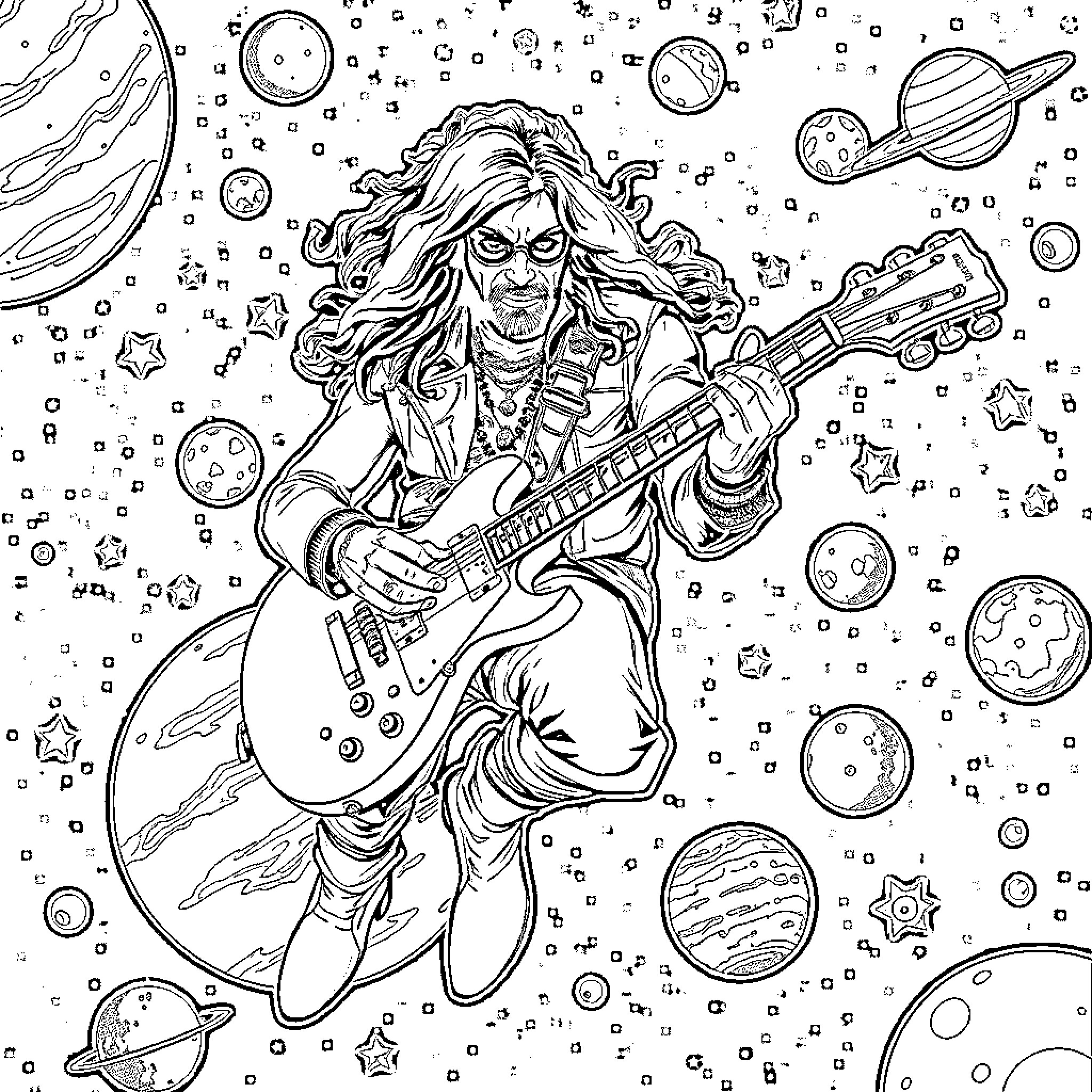 Ace Frehley Rocking the Cosmic Stage Coloring Page (free black-and-white line drawing printable PDF for all, from beginners to advanced learners, including children, teens, adults, and seniors)