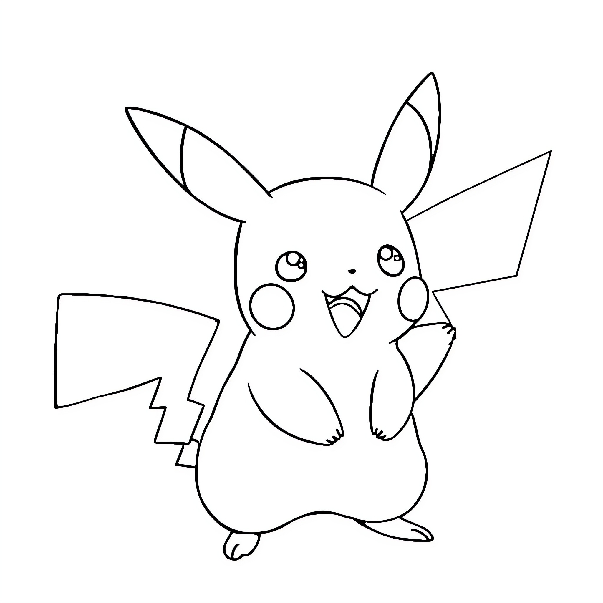 Pikachu happily waving Coloring Page (free black-and-white line drawing printable PDF for all, from beginners to advanced learners, including children, teens, adults, and seniors)