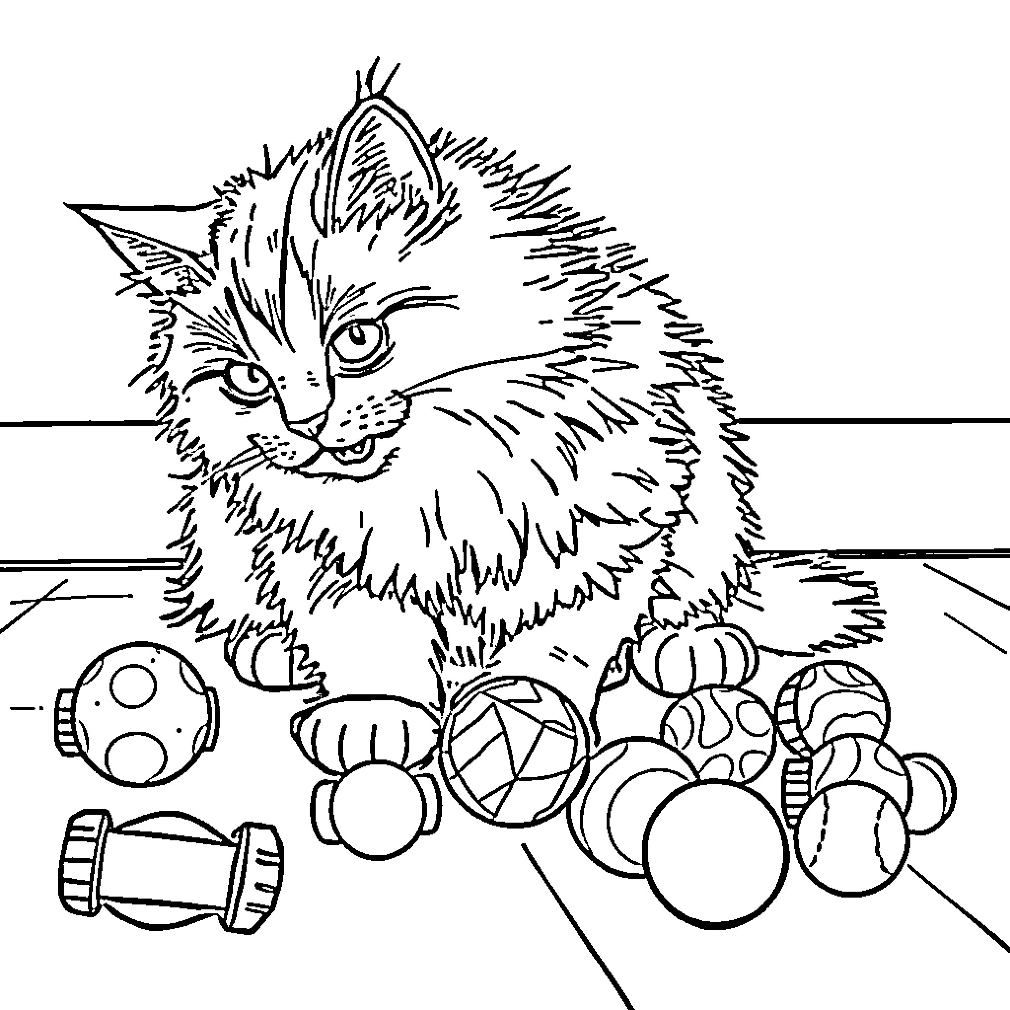 Maine Coon cat surrounded by toys Coloring Page (free black-and-white line drawing printable PDF for all, from beginners to advanced learners, including children, teens, adults, and seniors)